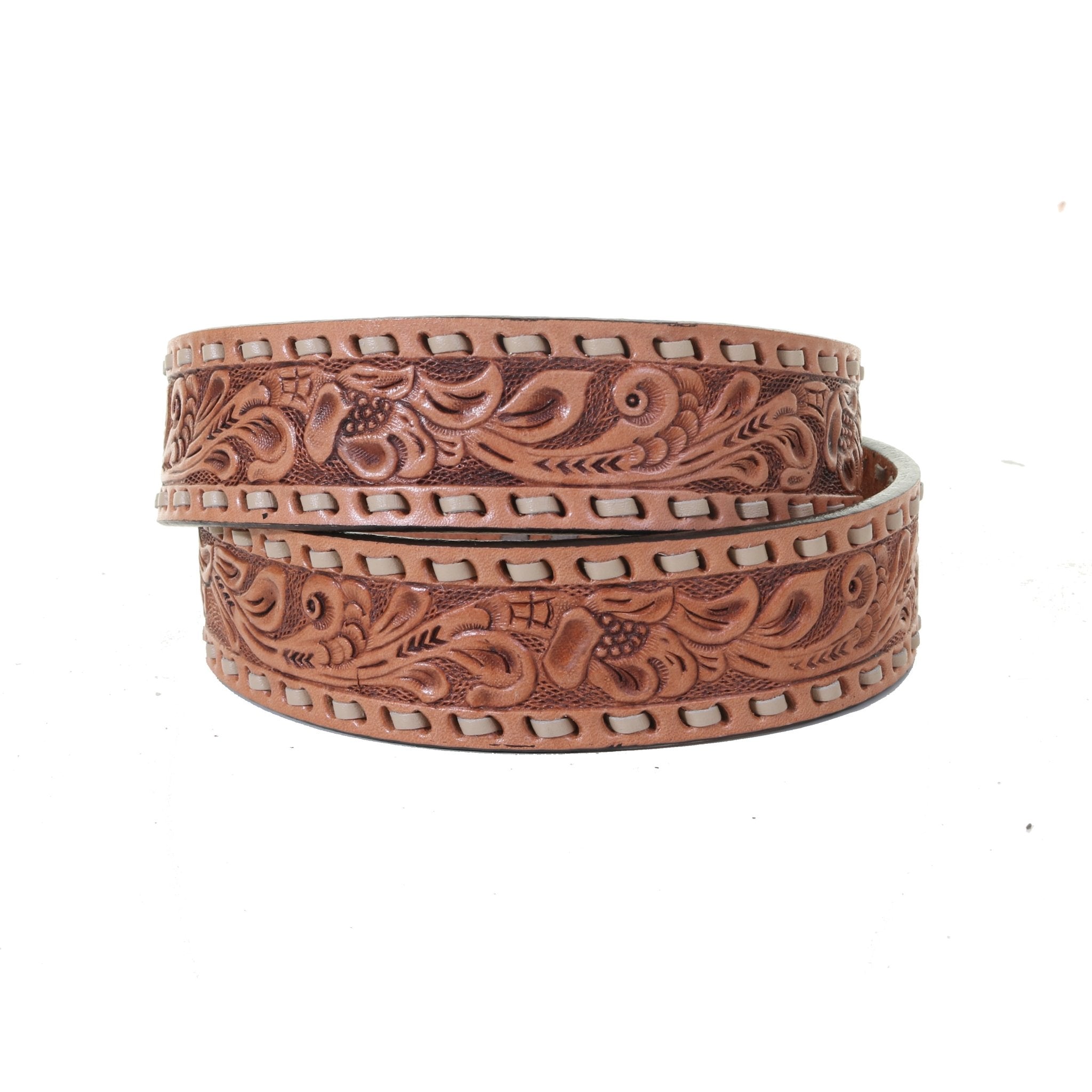 B1158 - Natural Tooled Buckstitched Belt - Double J Saddlery