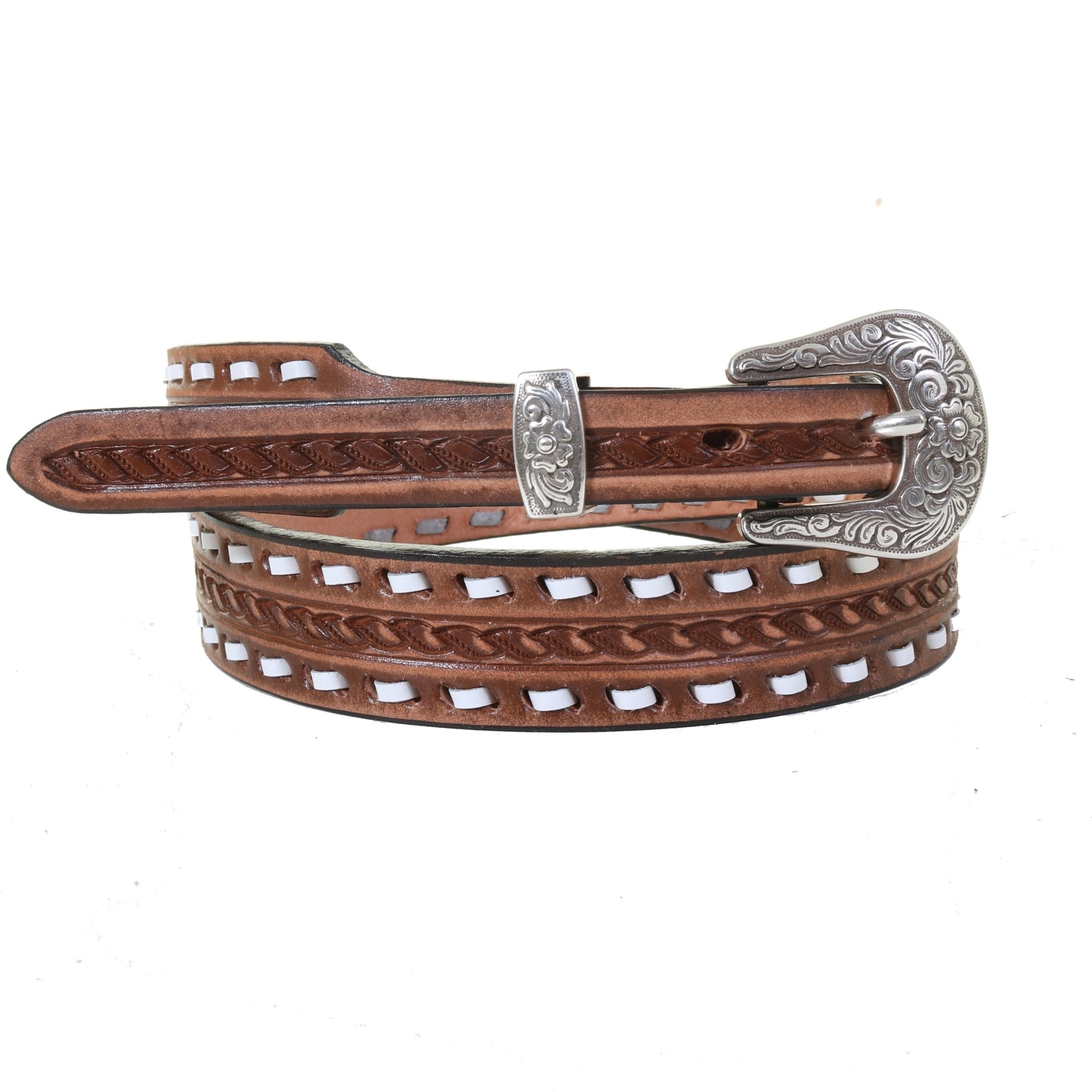 B1160 - Pecan Vintage Tooled Narrow Belt - Double J Saddlery