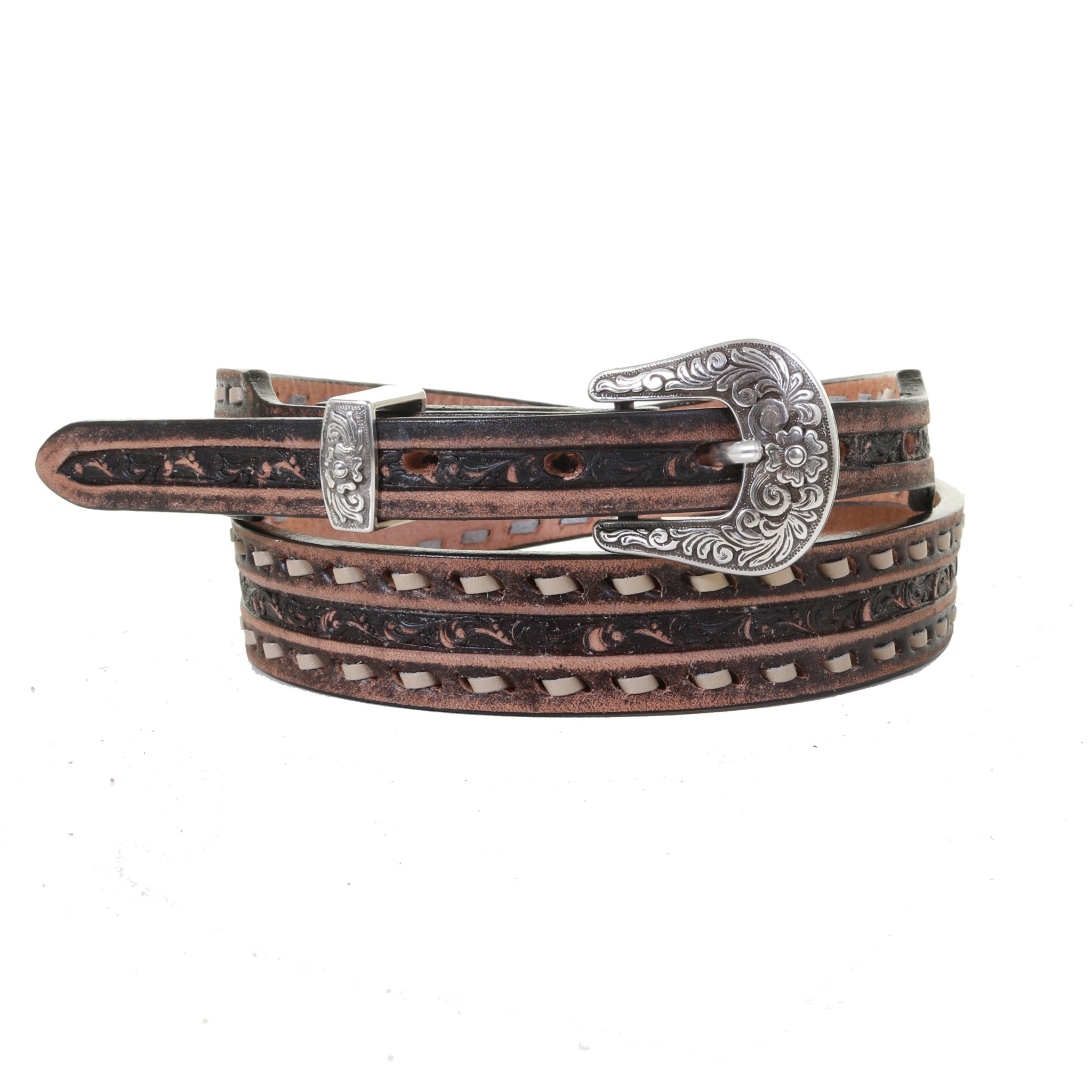 B1161 - Brown Vintage Tooled Narrow Belt - Double J Saddlery