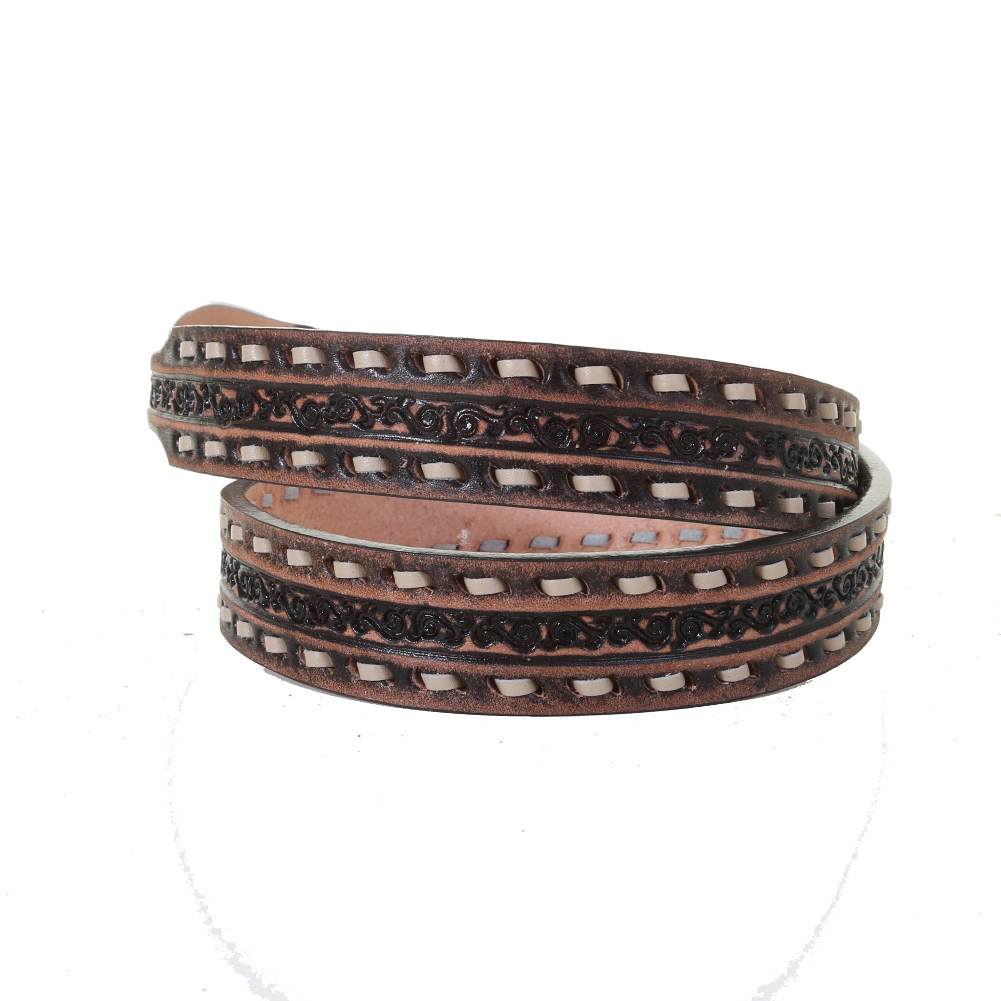 B1163 - Brown Vintage Tooled Narrow Belt - Double J Saddlery
