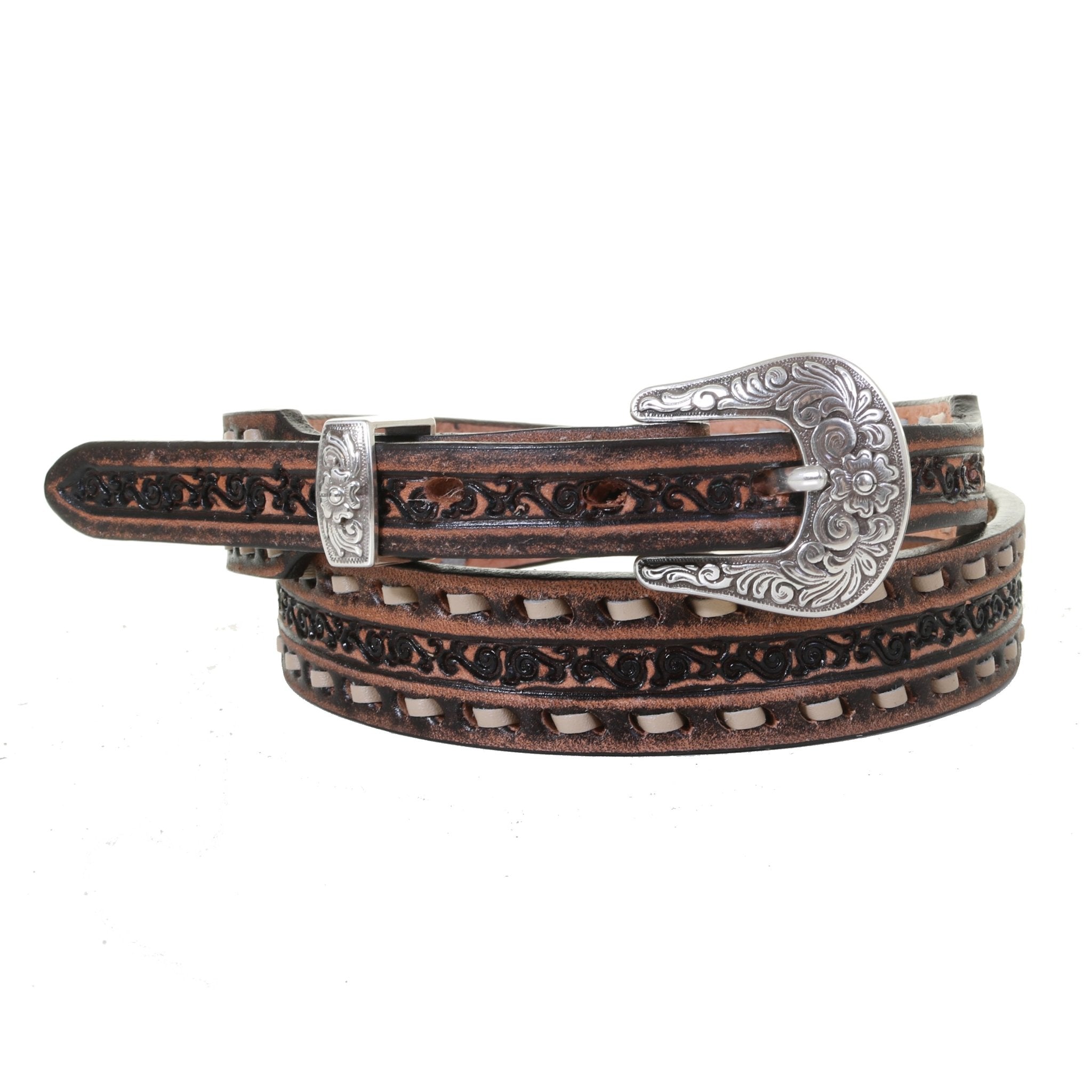 B1163 - Brown Vintage Tooled Narrow Belt - Double J Saddlery