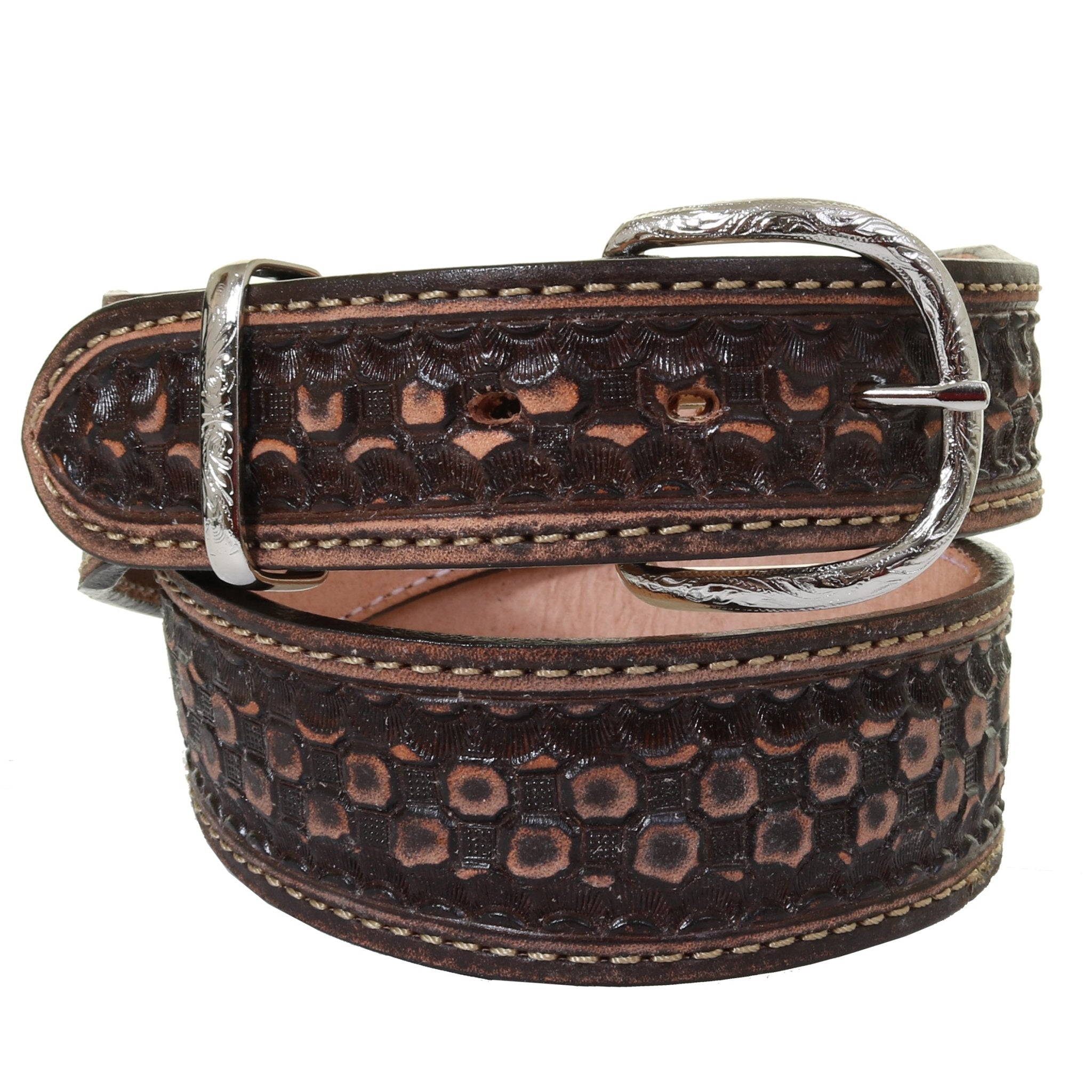 B1166 - Brown Vintage Honey Comb Tooled Belt - Double J Saddlery