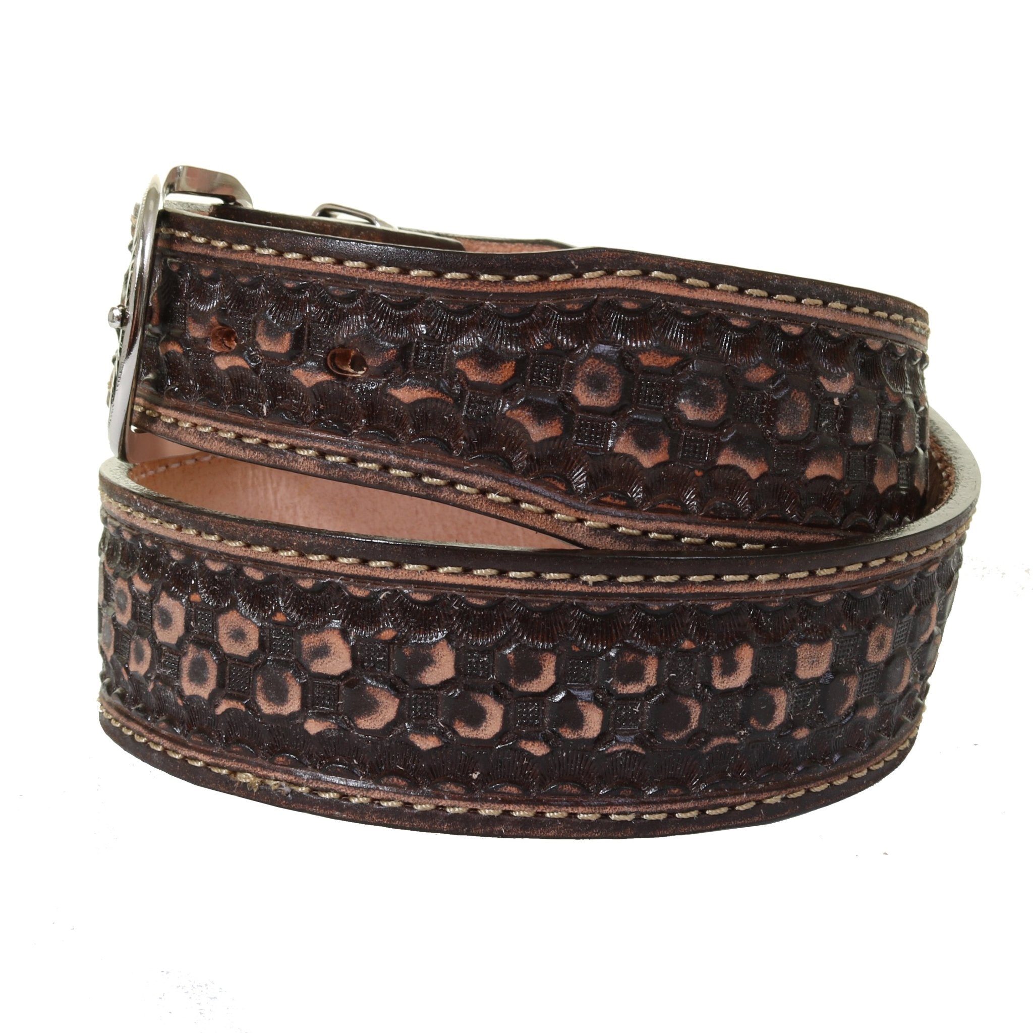 B1166 - Brown Vintage Honey Comb Tooled Belt - Double J Saddlery