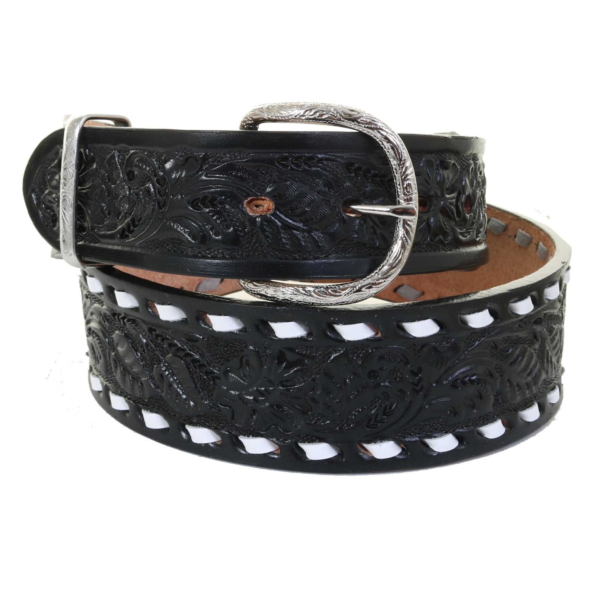 B125C - Black Floral Tooled Belt - Double J Saddlery