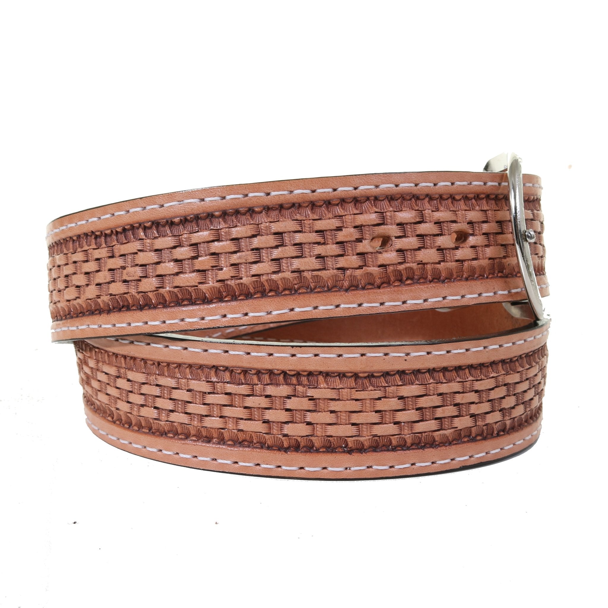 B619 - Natural Basket Weave Tooled Belt - Double J Saddlery