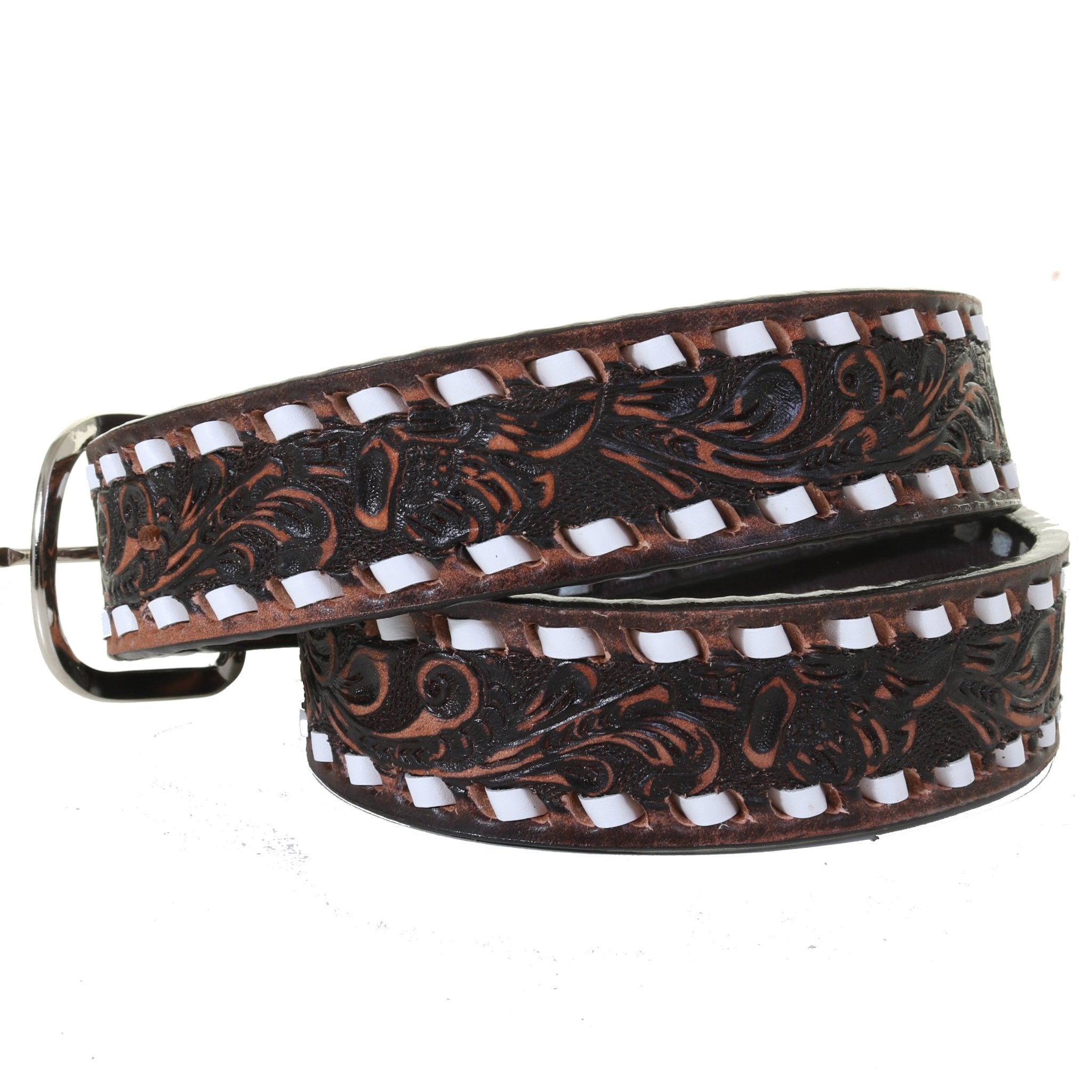 B708A - Brown Vintage Tooled Belt - Double J Saddlery