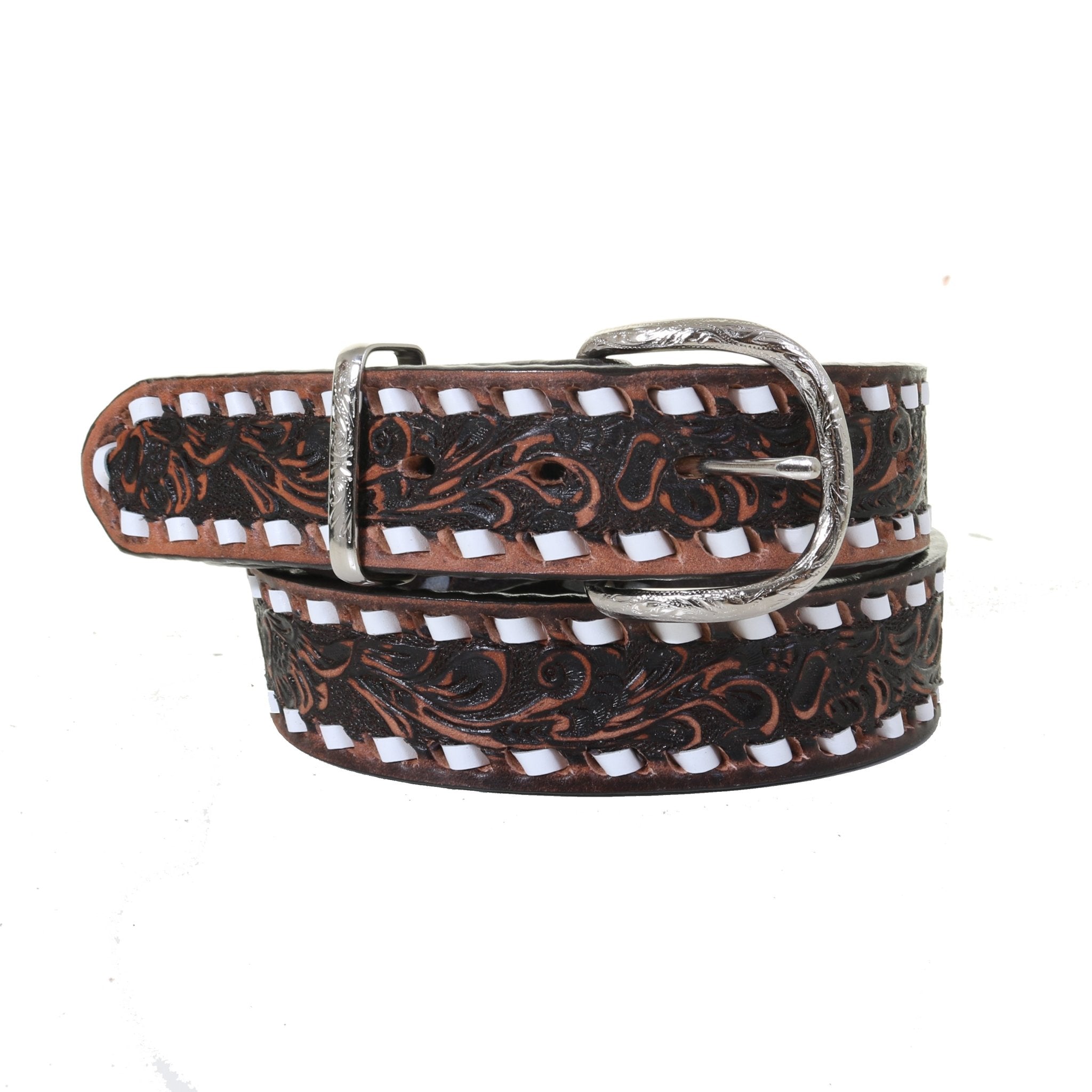 B708A - Brown Vintage Tooled Belt - Double J Saddlery