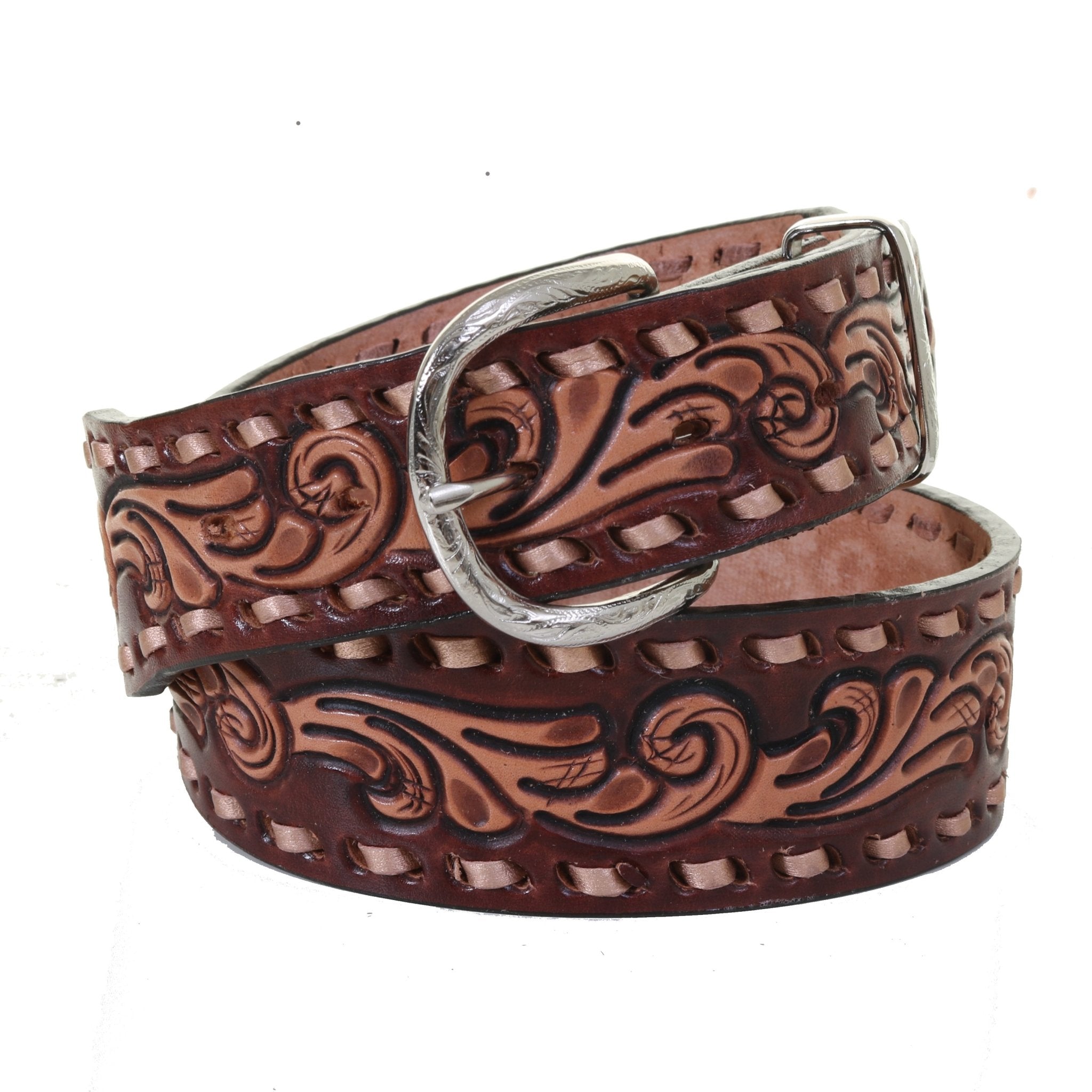 B845 - Cognac Leather Tooled Belt - Double J Saddlery