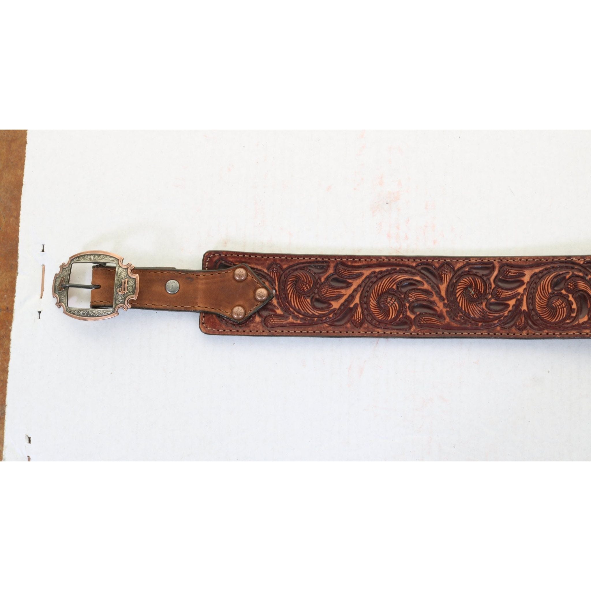 B853 - Cognac Vintage Tooled Belt - Double J Saddlery