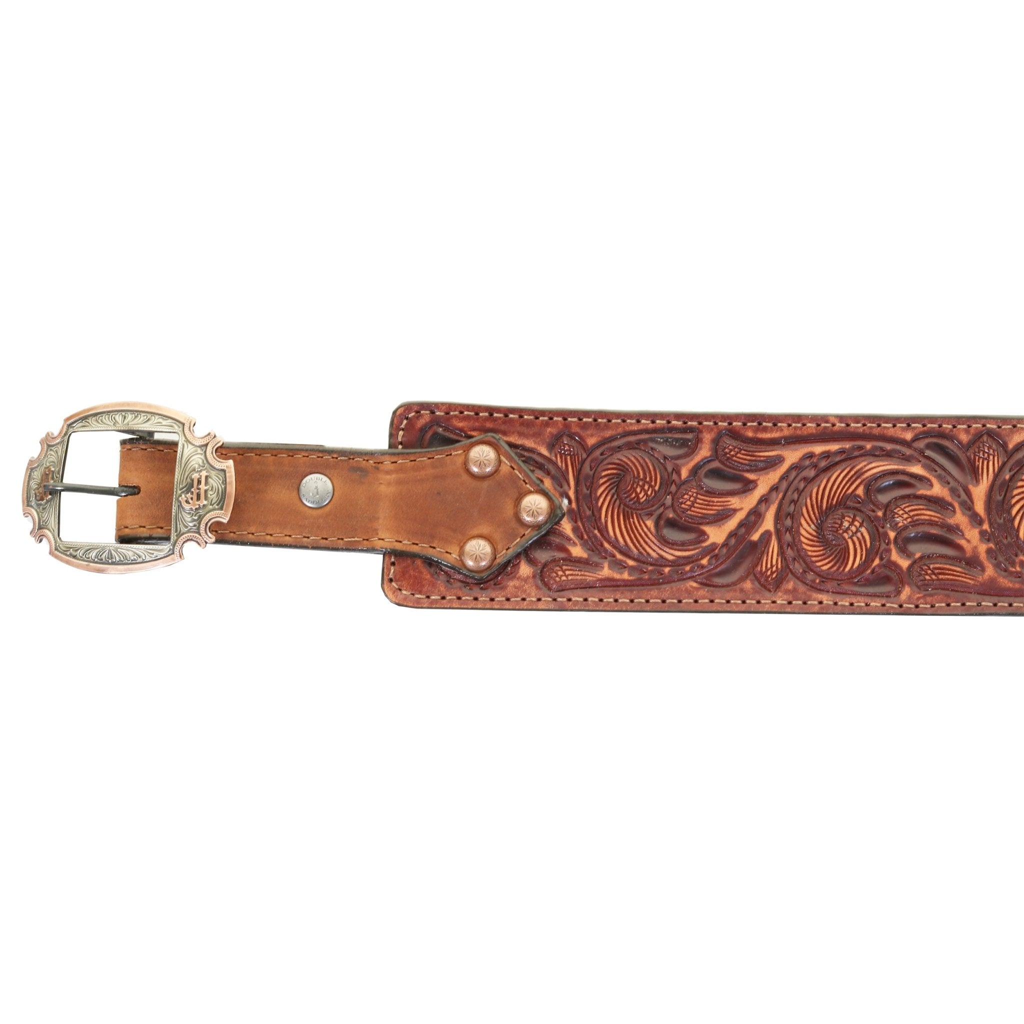 B853 - Cognac Vintage Tooled Belt - Double J Saddlery