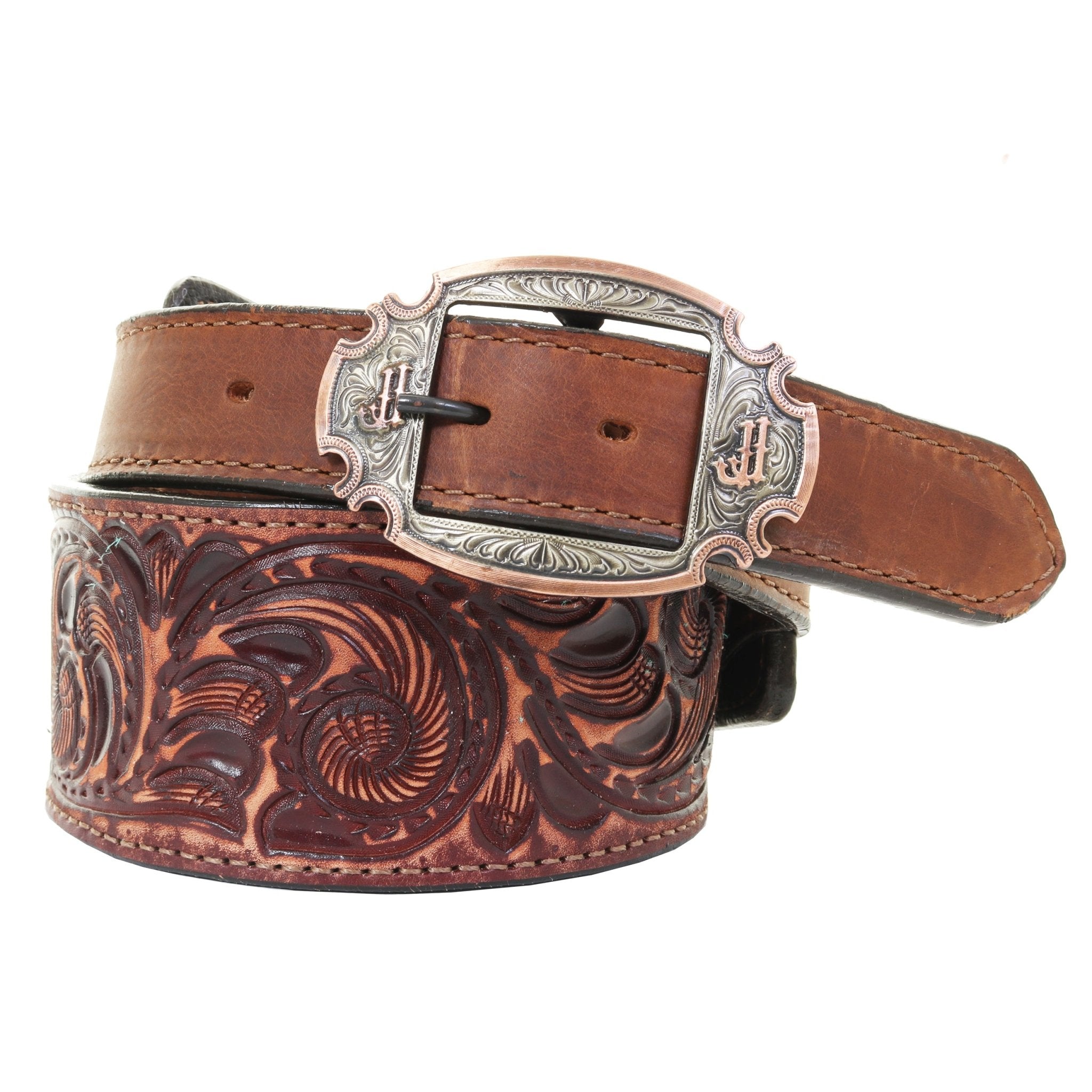 B853 - Cognac Vintage Tooled Belt - Double J Saddlery