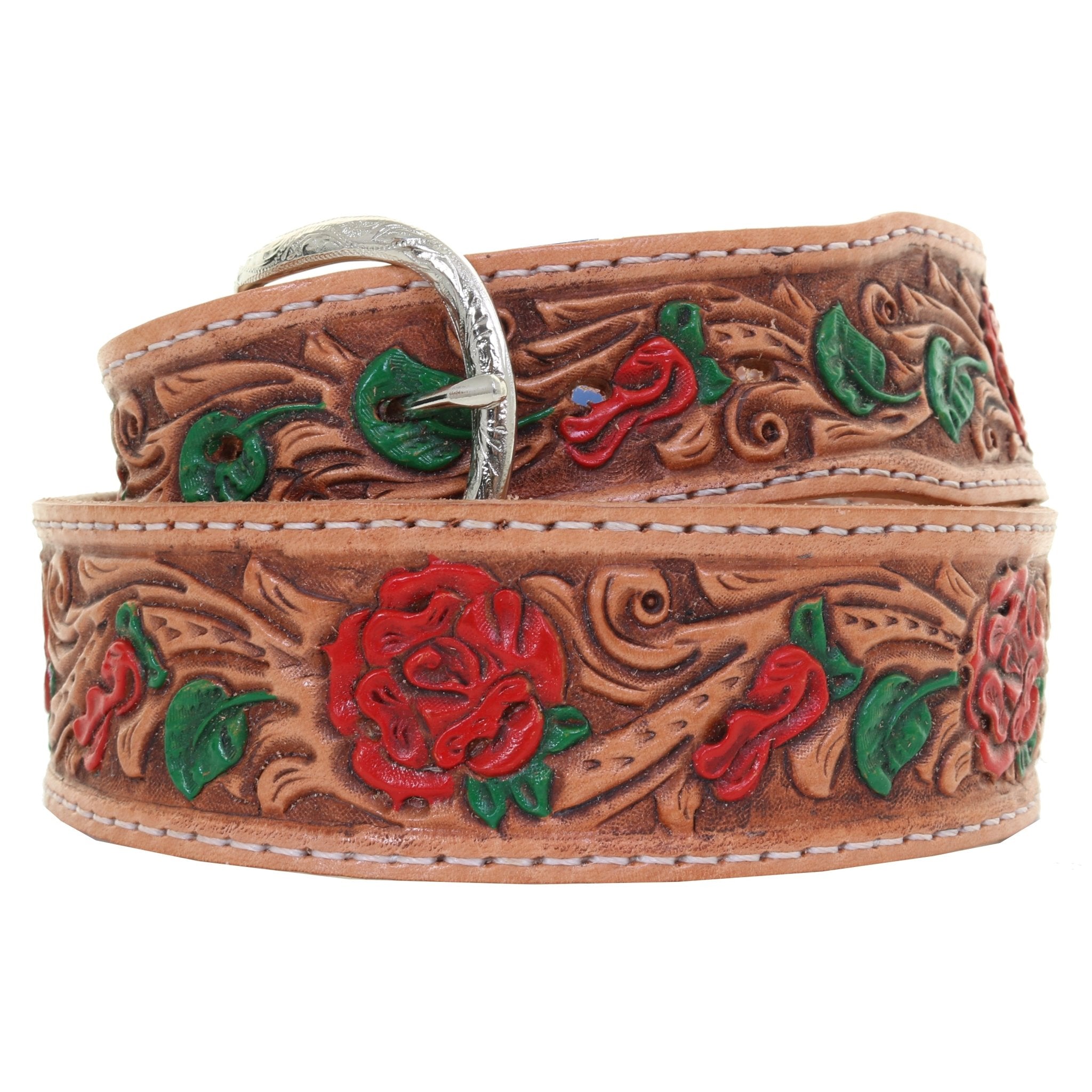 B875A - Rose Tooled and Painted Belt - Double J Saddlery