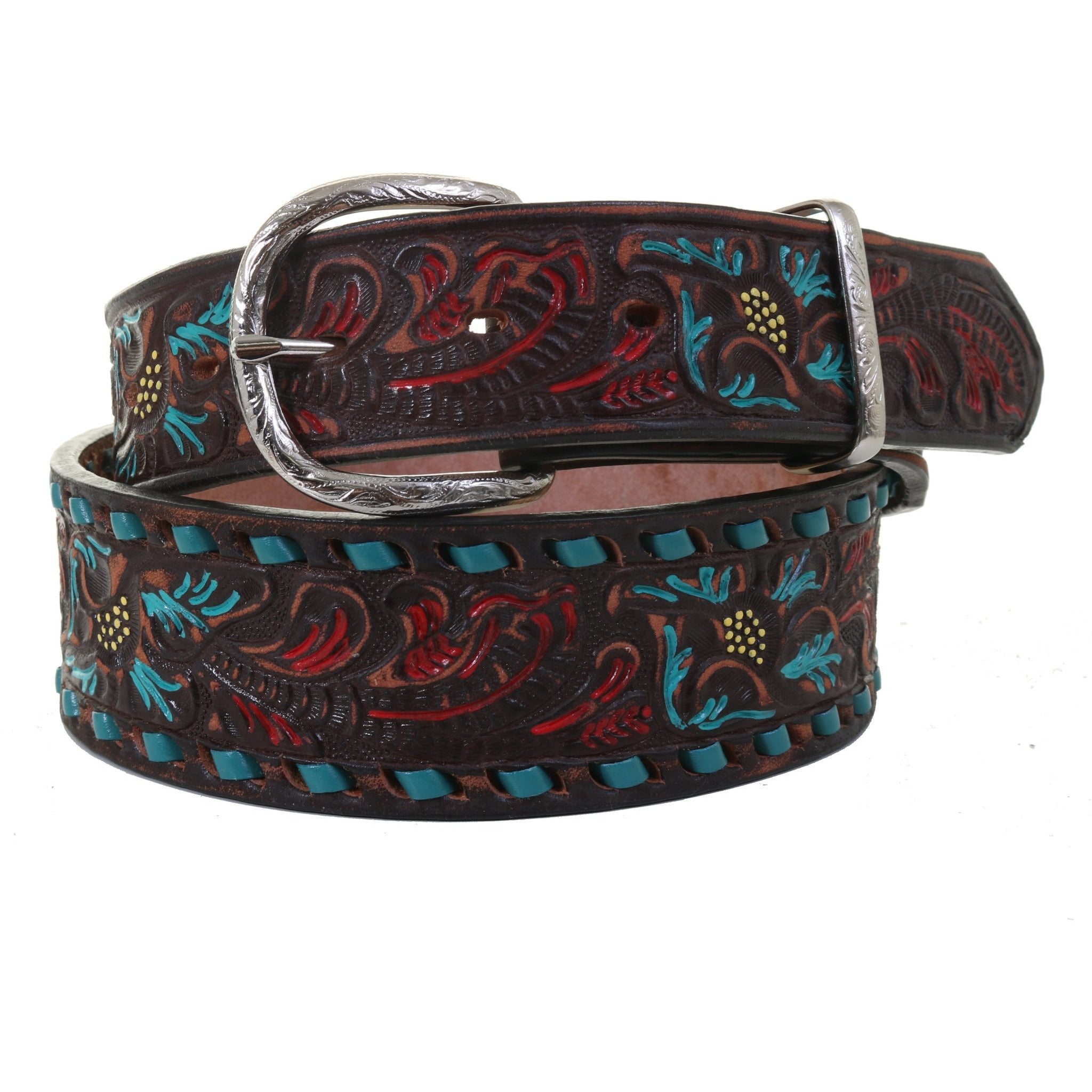 B932 - FAST SHIP Brown Vintage Floral Tooled Belt - Double J Saddlery
