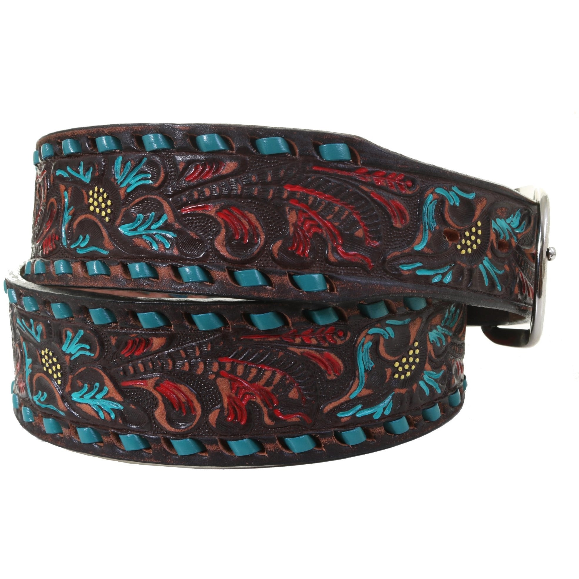 B932 - FAST SHIP Brown Vintage Floral Tooled Belt - Double J Saddlery