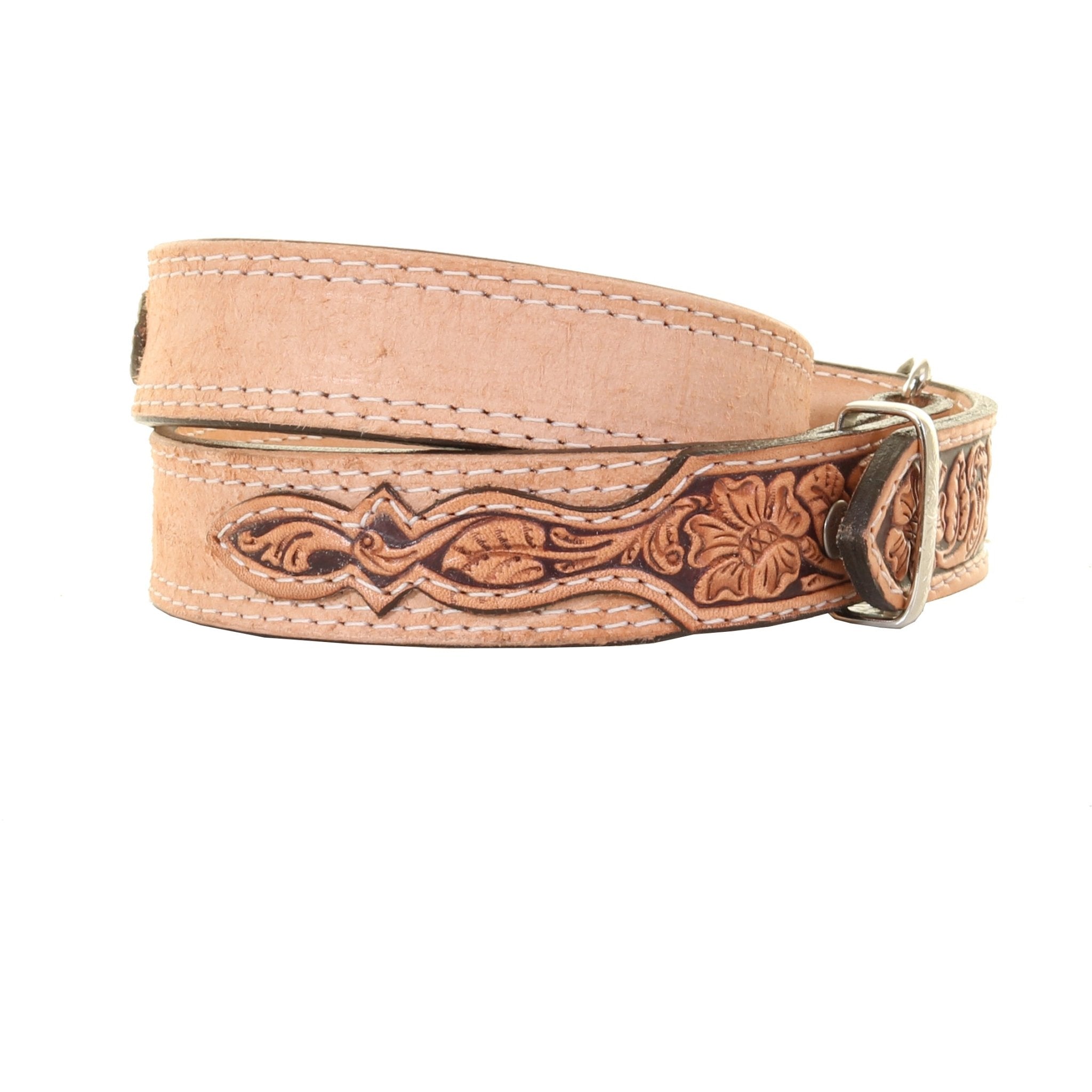 B981 - Natural Rough Out and Floral Tooled Belt - Double J Saddlery