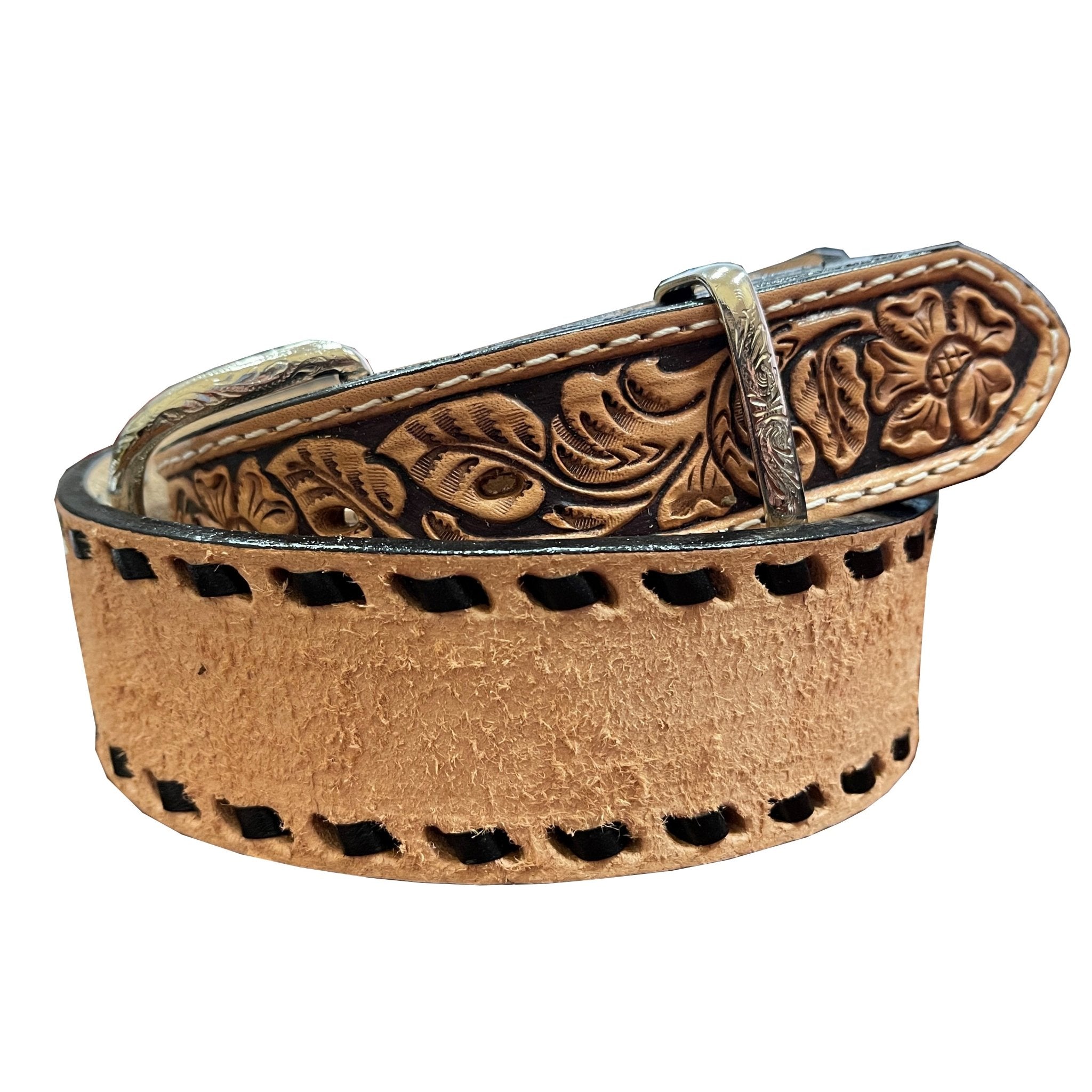 B981A - Natural Rough Out and Floral Tooled Belt - Double J Saddlery