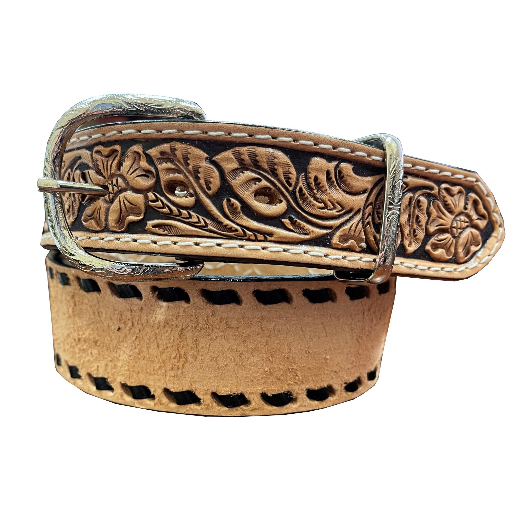 B981A - Natural Rough Out and Floral Tooled Belt - Double J Saddlery