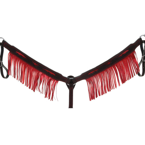 BC1091 - Brown R/O Breast Collar with Red Inlays & Fringe - Double J Saddlery