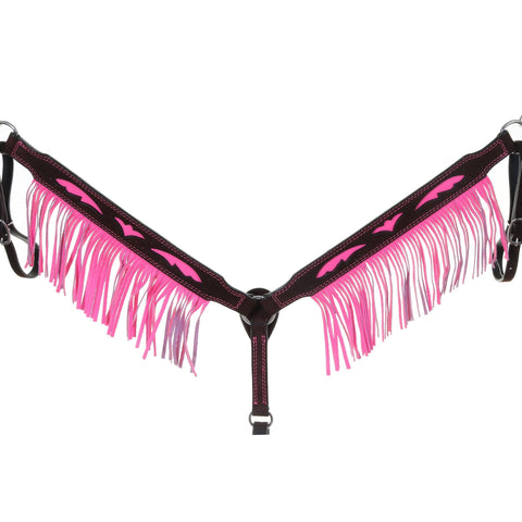 BC1093 - Brown R/O Breast Collar with Pink Inlays & Fringe - Double J Saddlery