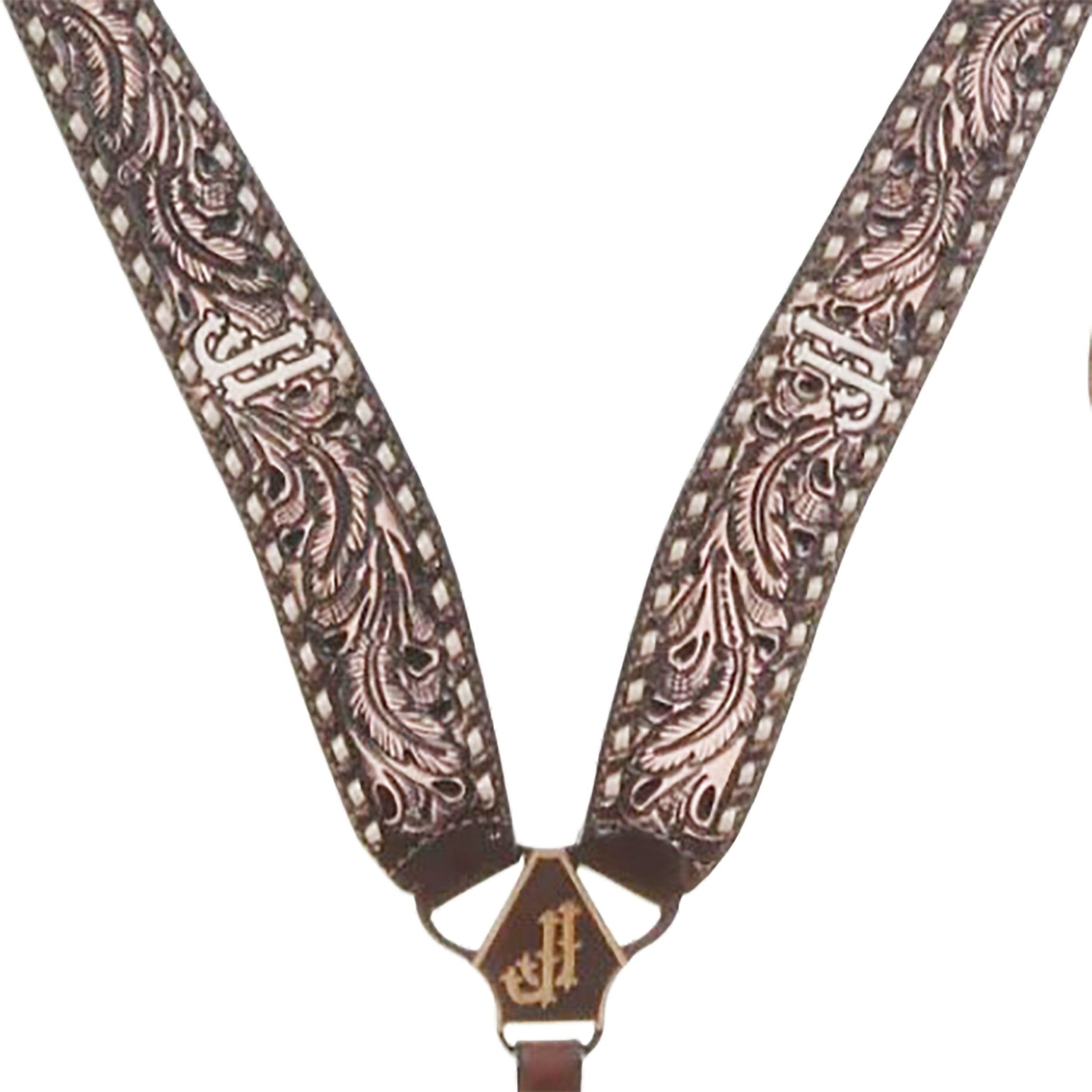 BC1154 - Brown Vintage Feather Whirlwind Tooled Breast Collar - Double J Saddlery