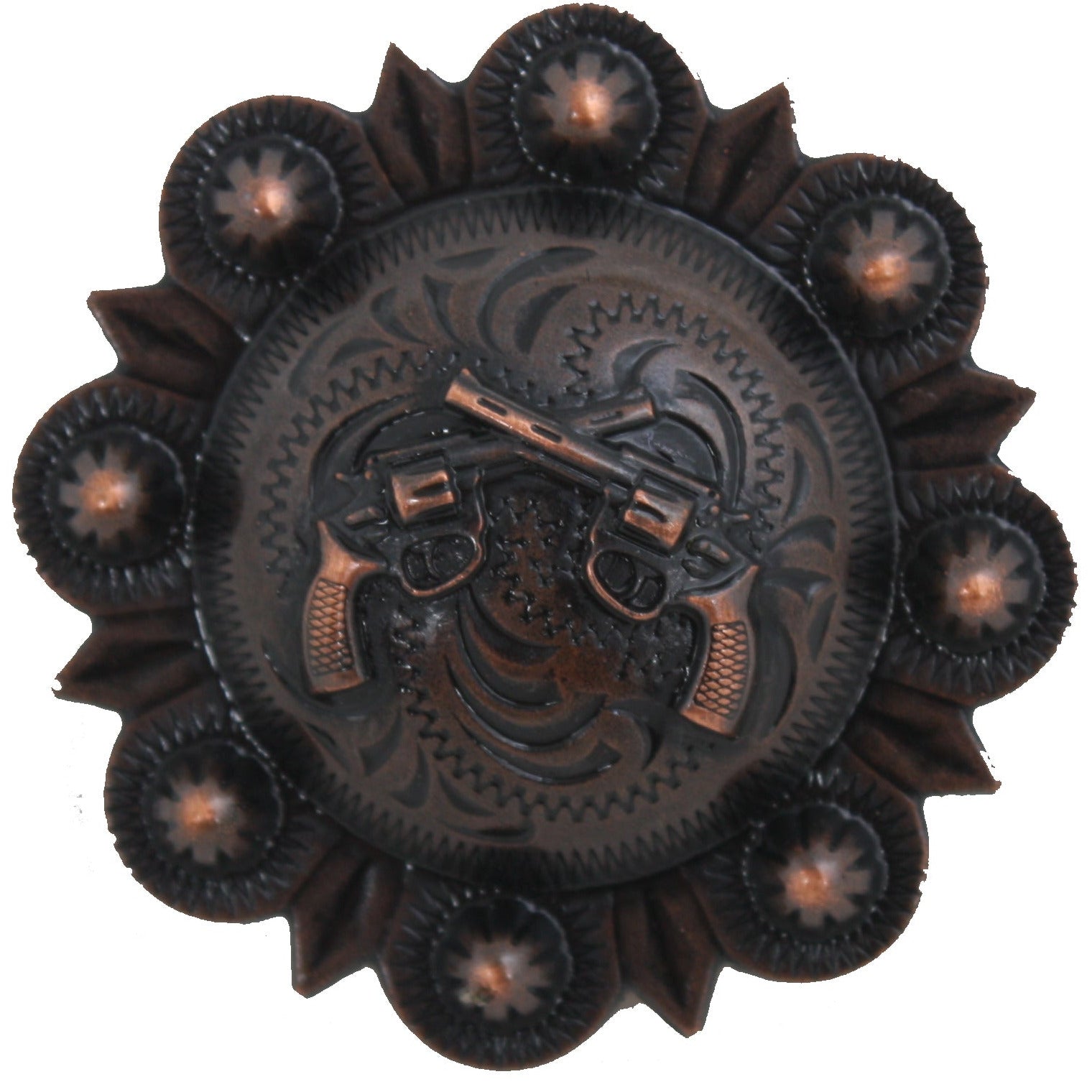 C961D - 1 1/2" Antique Dark Copper Berry Concho with Cross Pistols - Double J Saddlery