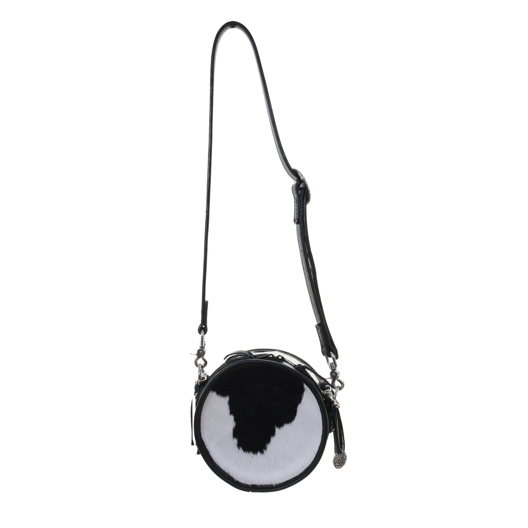 CRT08 - Black and White Cowhide Circle Tote - Double J Saddlery