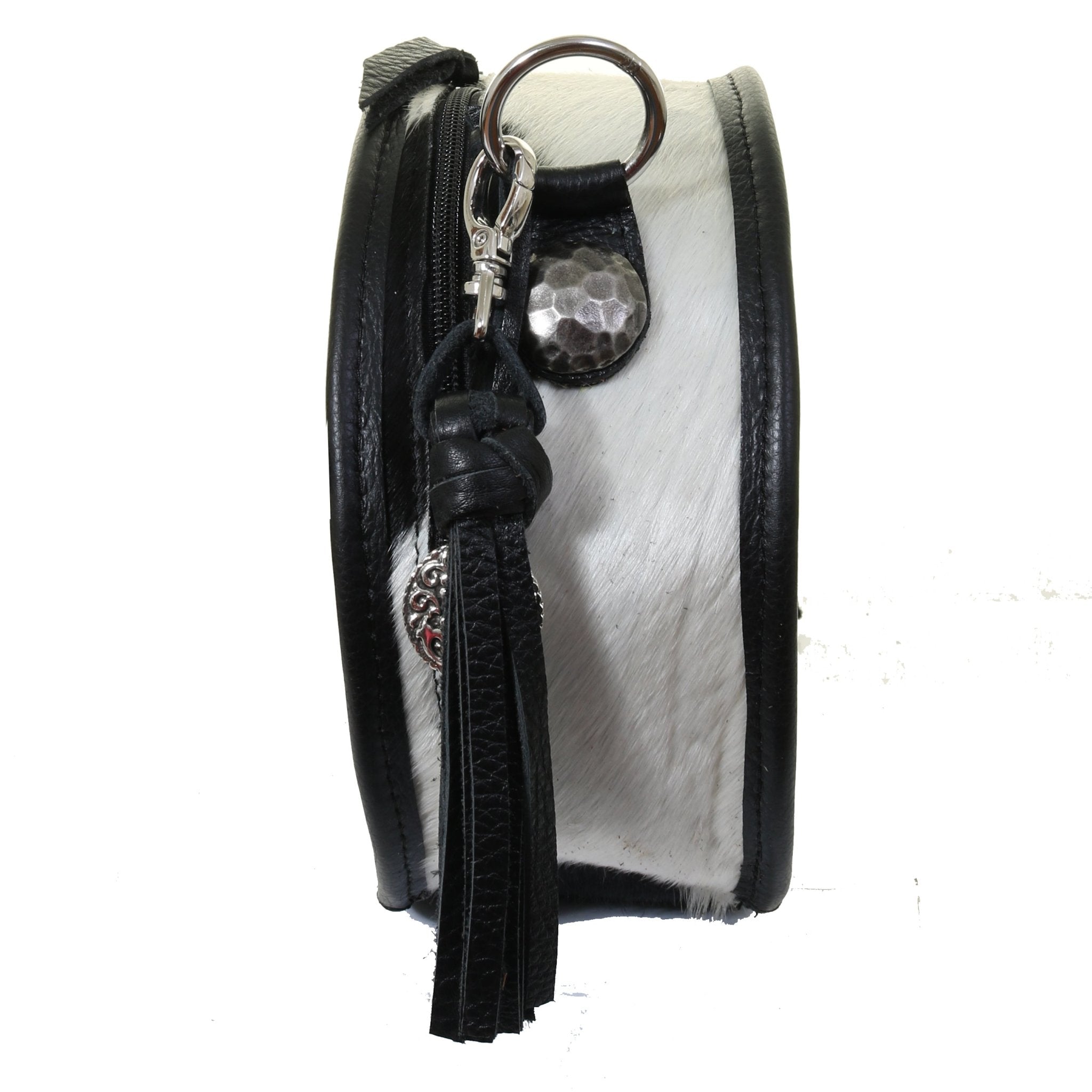 CRT08 - Black and White Cowhide Circle Tote - Double J Saddlery