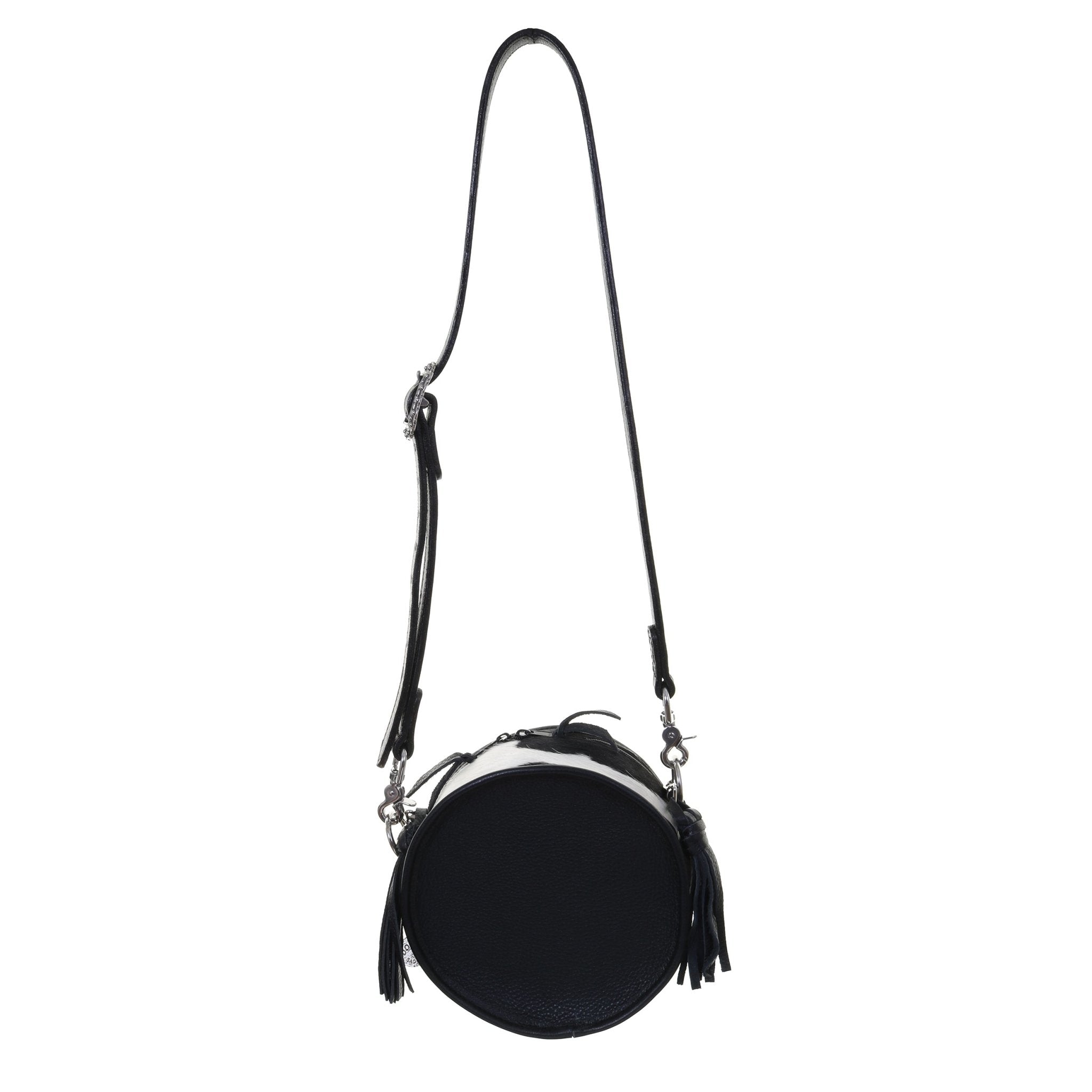 CRT08 - Black and White Cowhide Circle Tote - Double J Saddlery
