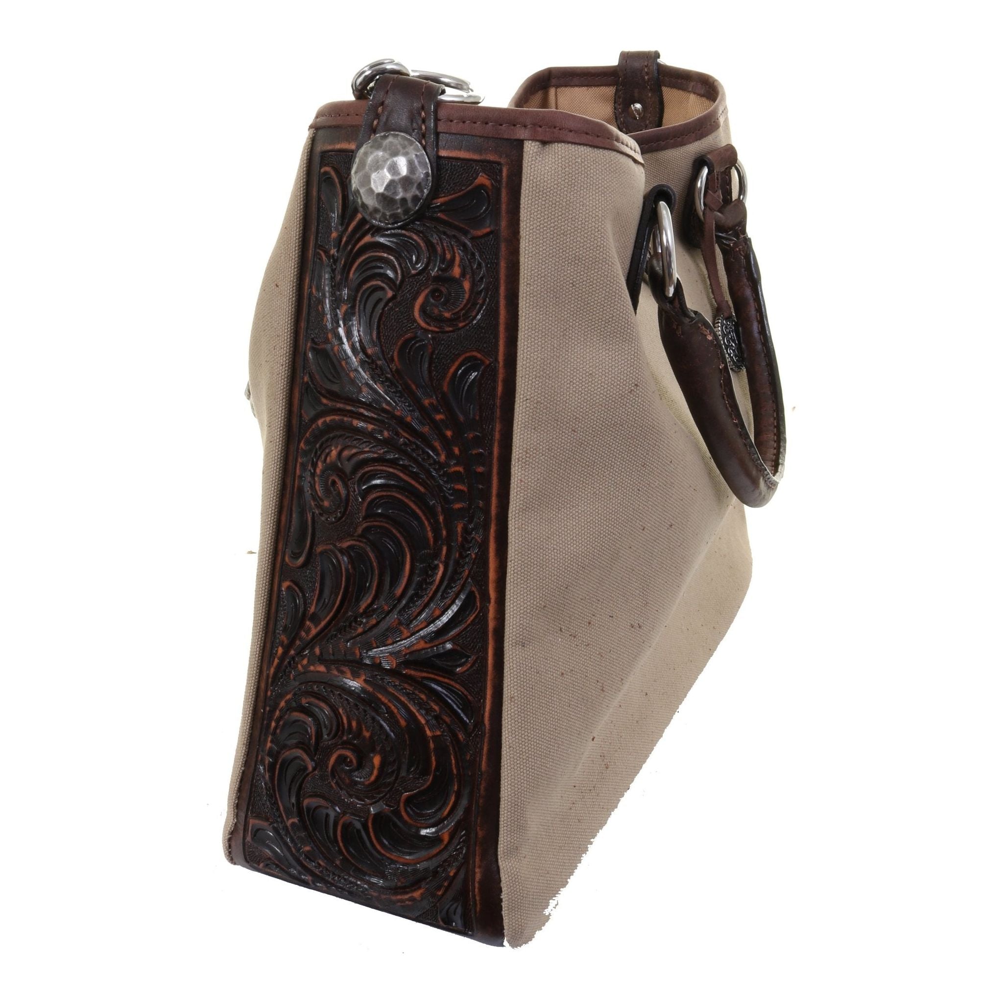 CVT01 - Khaki Canvas Tooled Tote - Double J Saddlery