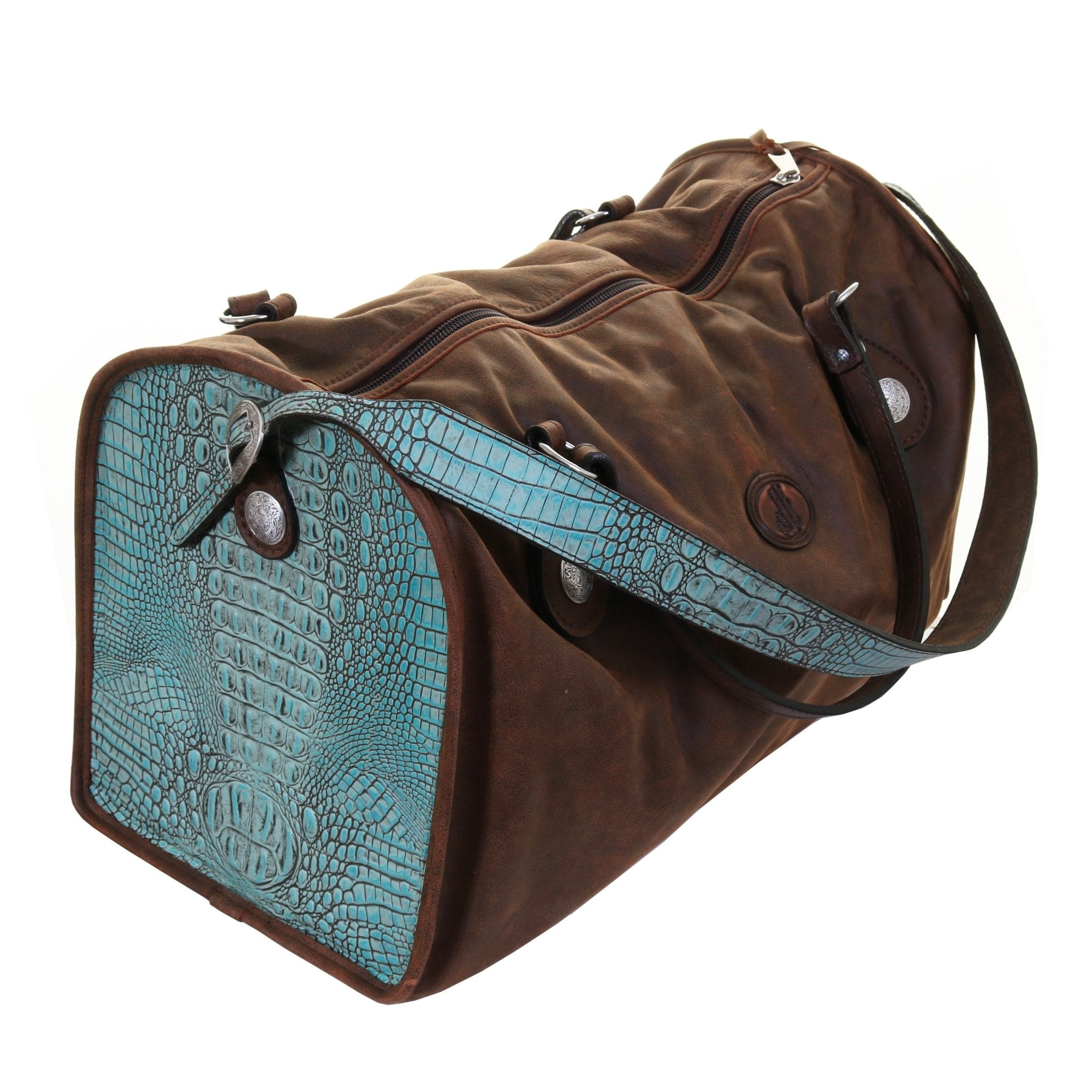 DUF05 - Brown Bomber and Turquoise Gator Print Duffel Bag - Double J Saddlery