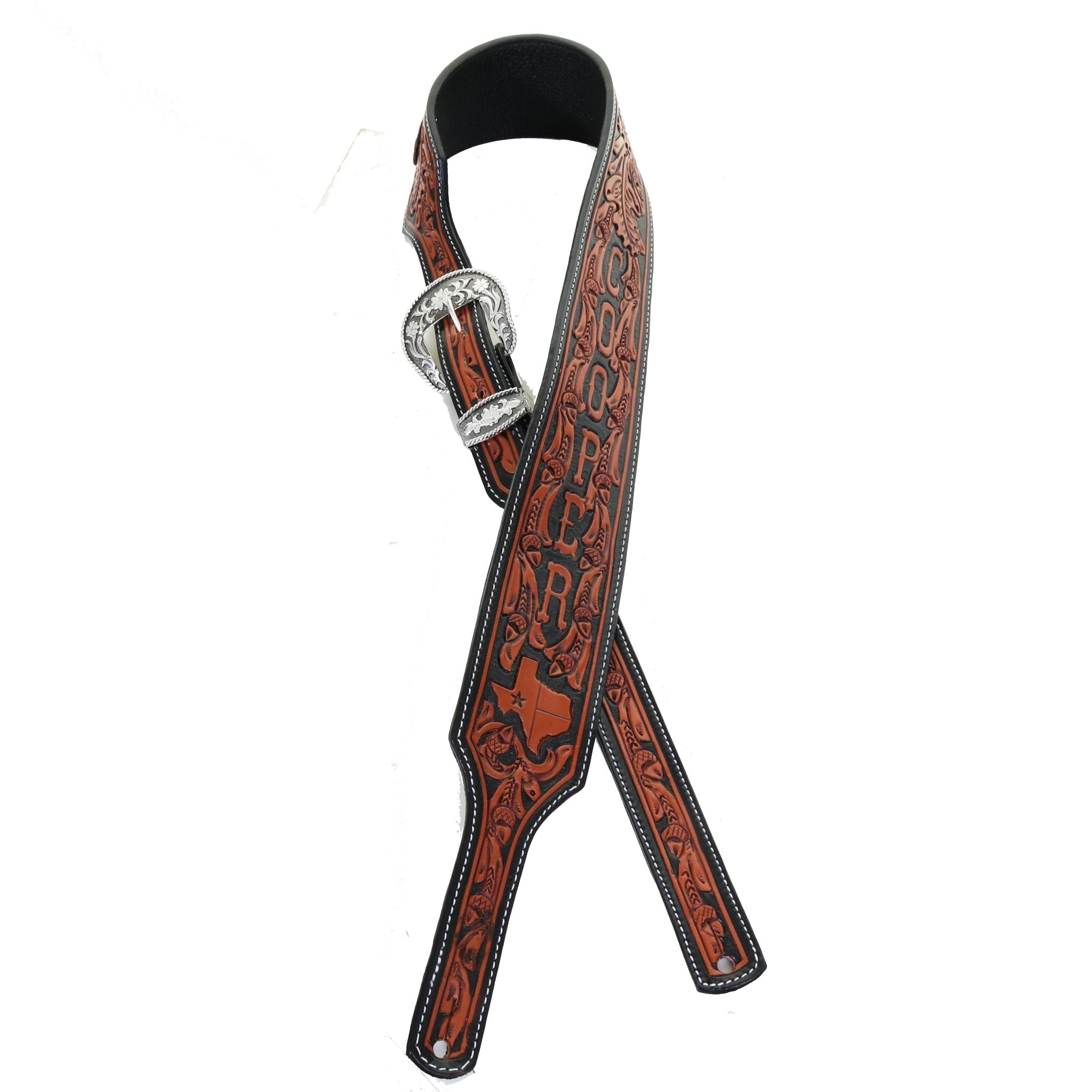 GUITARS25 - Chestnut Leather Acorn Oakleaf Tooled Guitar Strap - Double J Saddlery