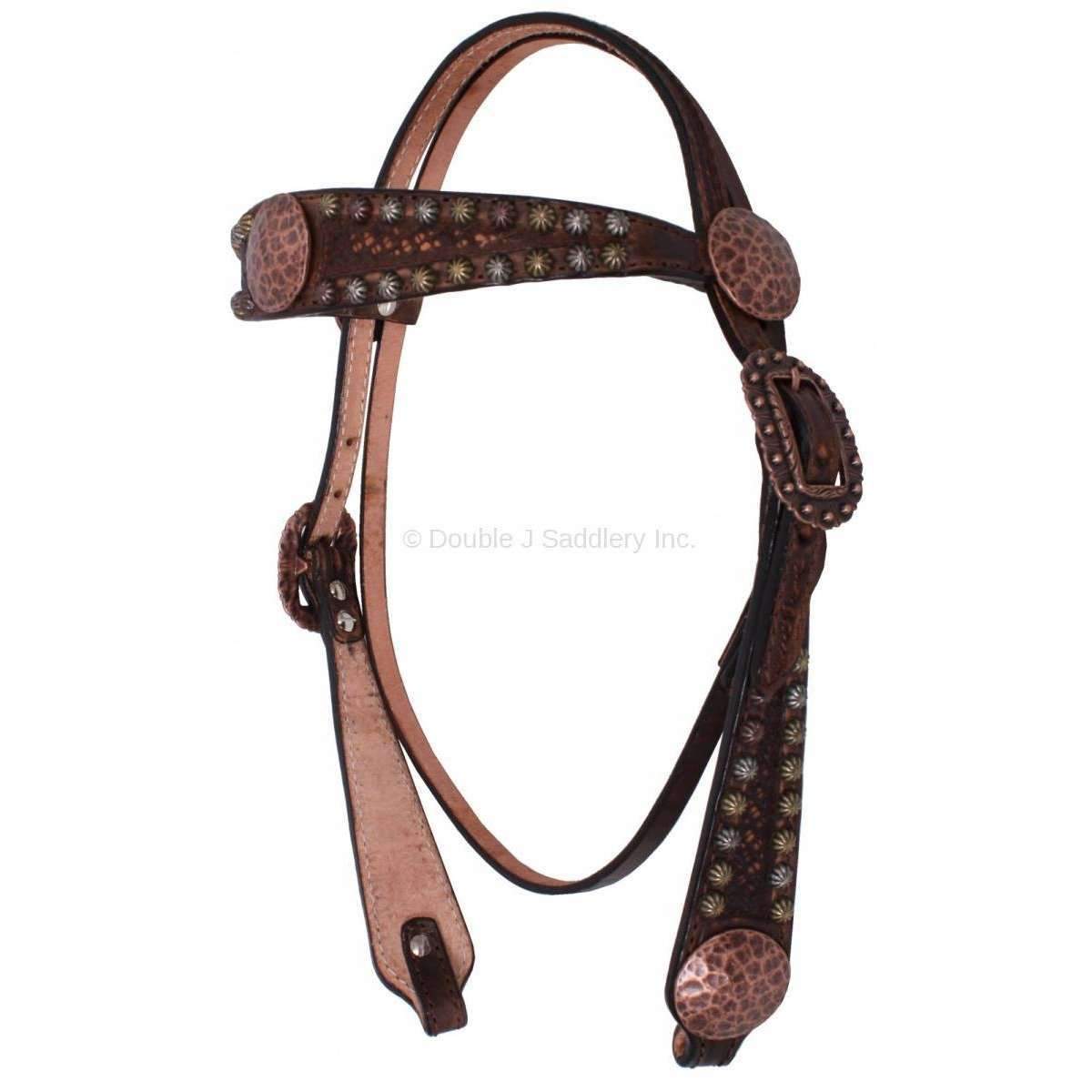 H1061 - Brown Vintage Box Basket Weave Tooled Headstall - Double J Saddlery