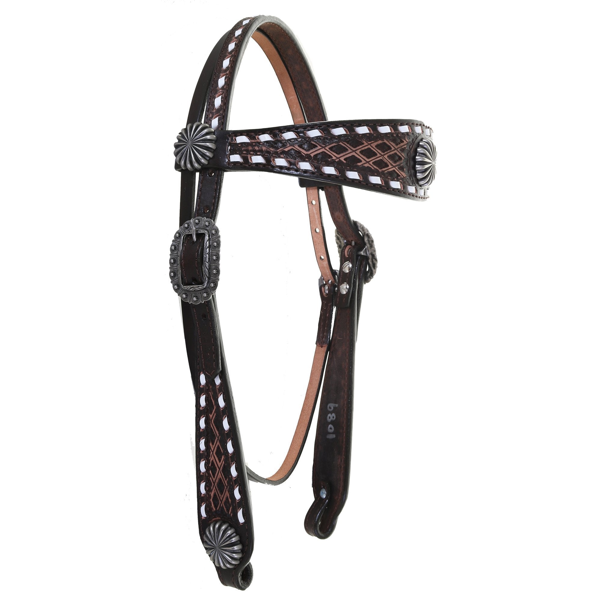 H1089 - Brown Vintage Southwest Diamond Tooled Headstall - Double J Saddlery