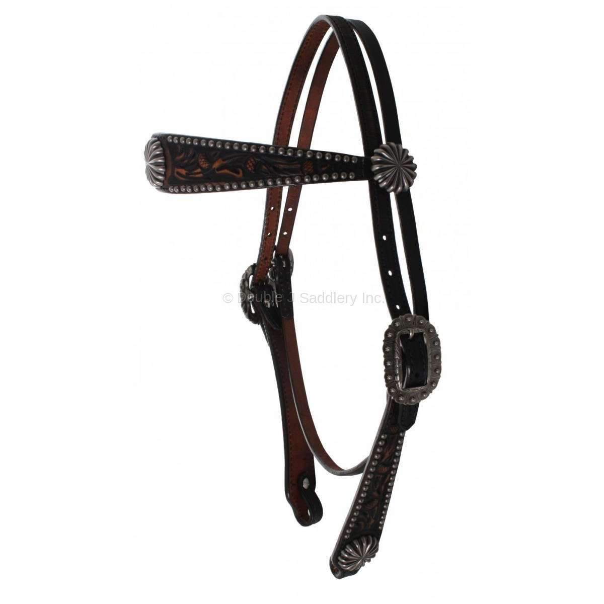 H1123 - Black Vintage Tooled Headstall - Double J Saddlery