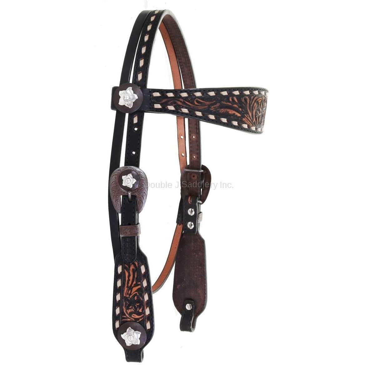 H1137 - Black Vintage Buck Stitched Headstall - Double J Saddlery