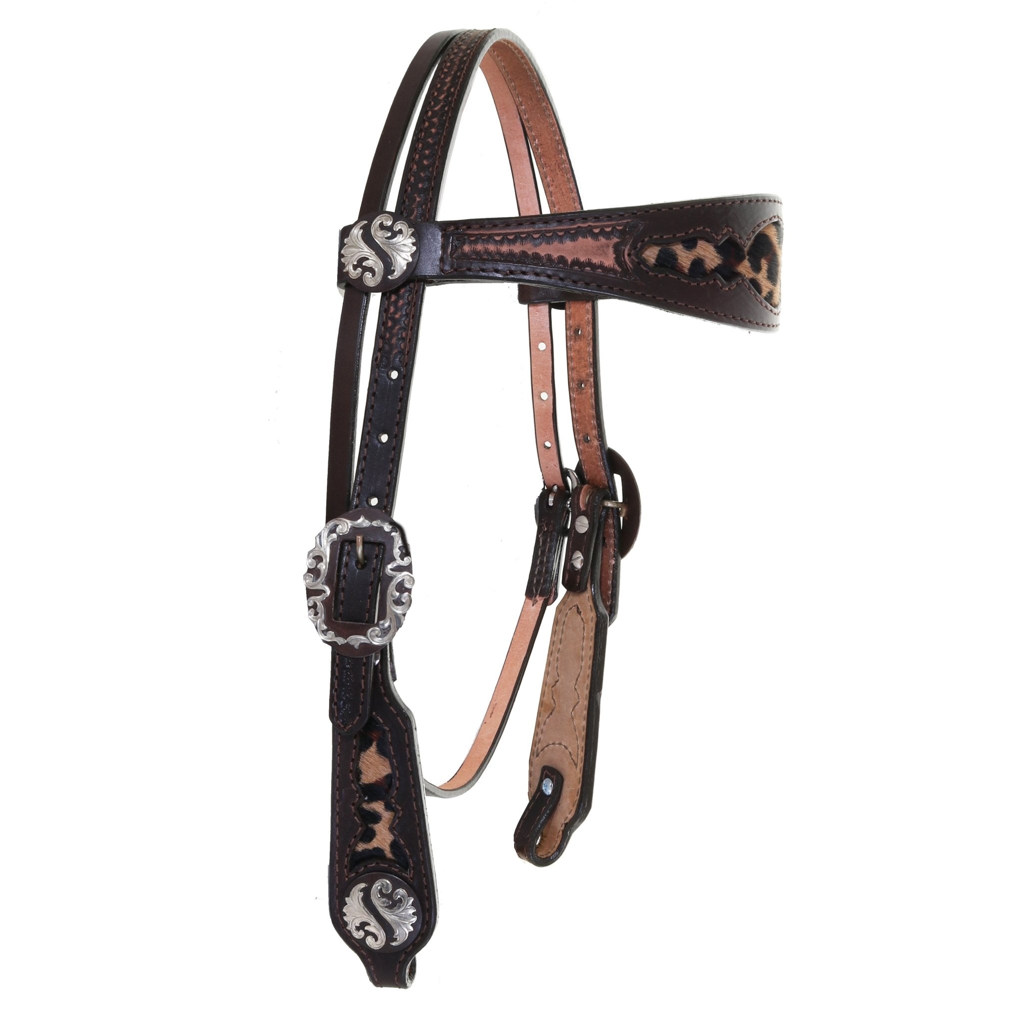 H1206 - Brown Vintage Jaguar Hair Inlay Headstall - Double J Saddlery