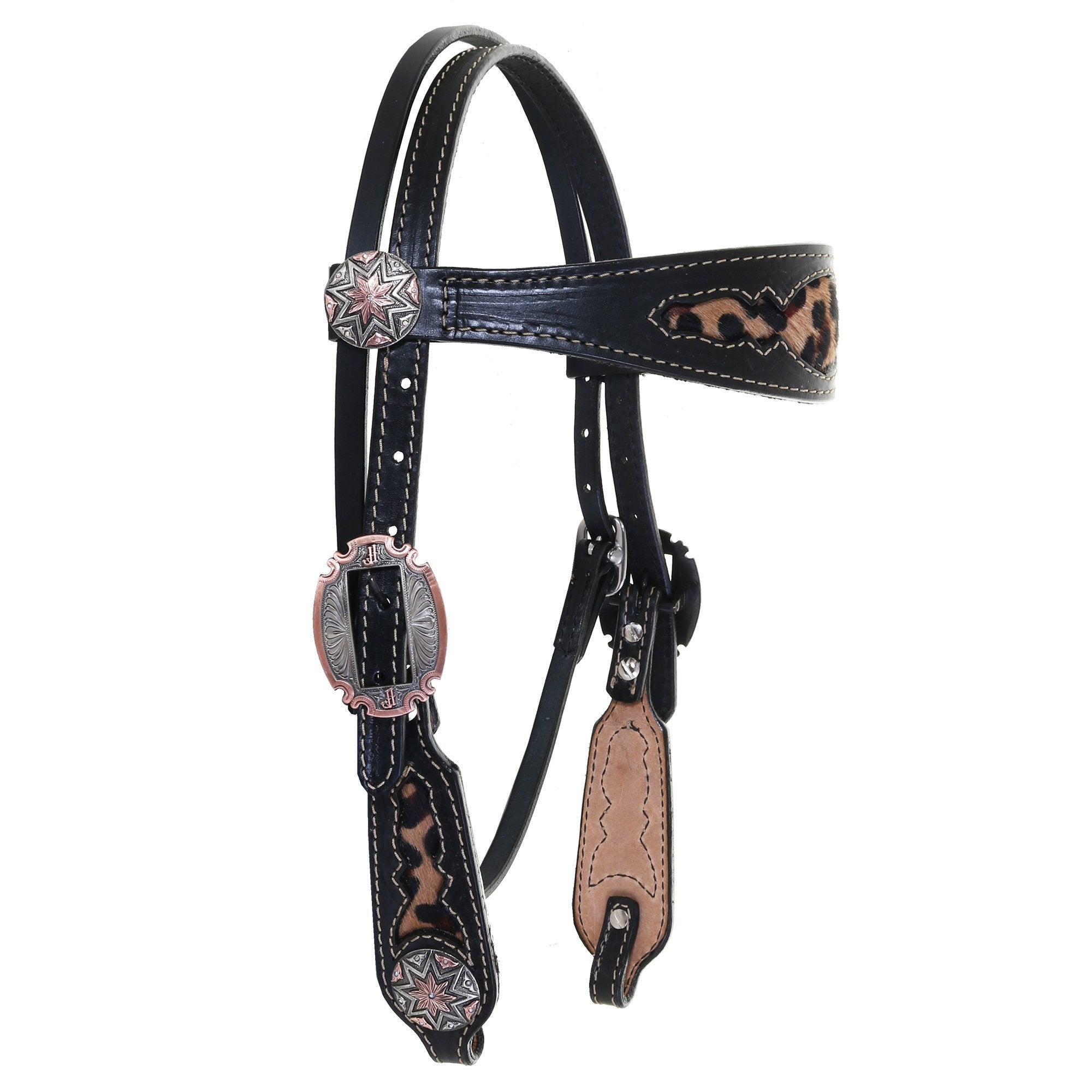 H1207 - Black Leather Jaguar Hair Inlay Headstall - Double J Saddlery