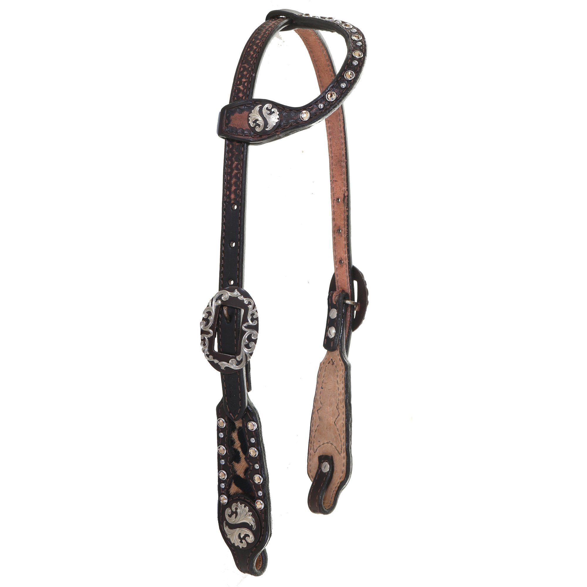 H1209A - Brown Vintage Jaguar Hair Inlay Single Ear Headstall - Double J Saddlery