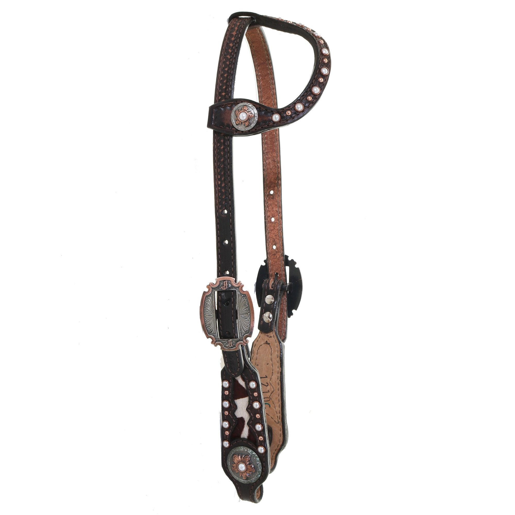 H1210C - Brown Vintage Giraffe Hair Inlay Single Ear Headstall - Double J Saddlery