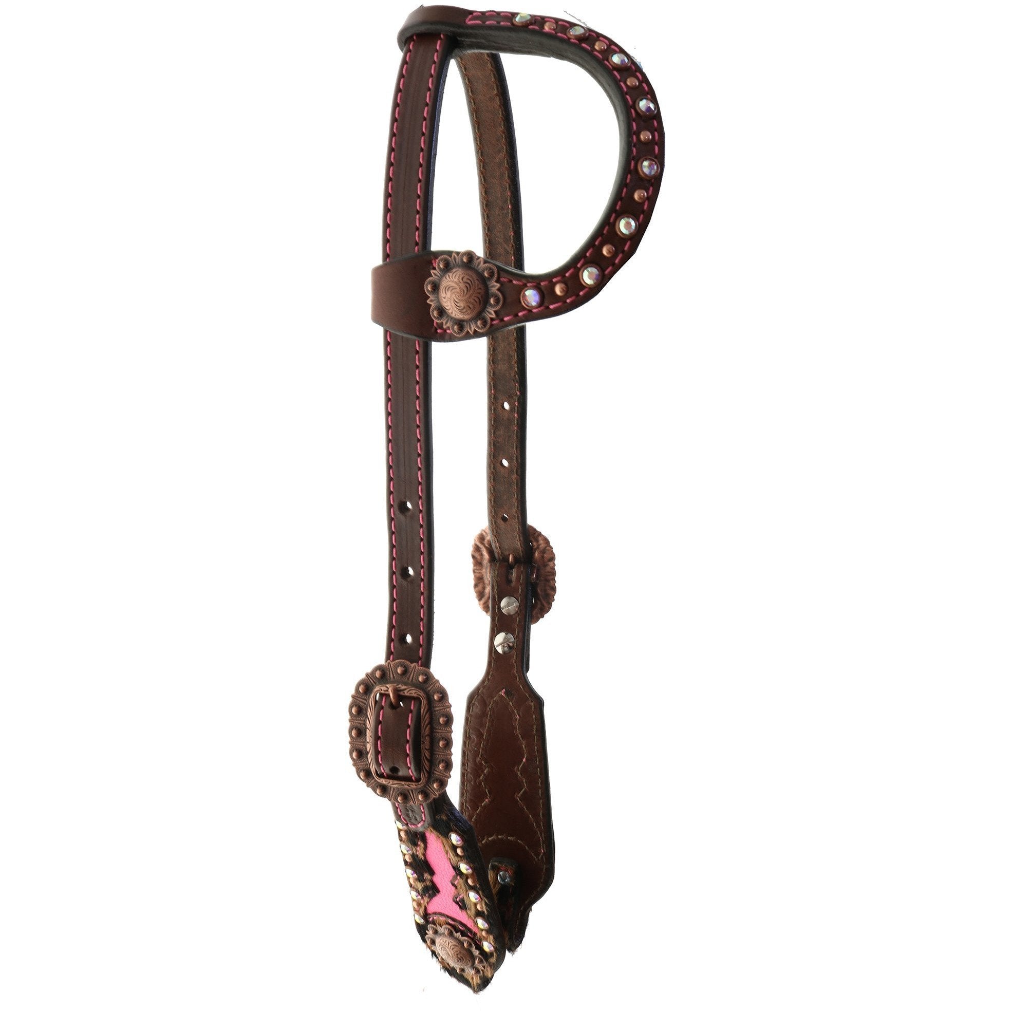 H1216C - Jaguar Hair and Pink Gator Print Single Ear Headstall - Double J Saddlery