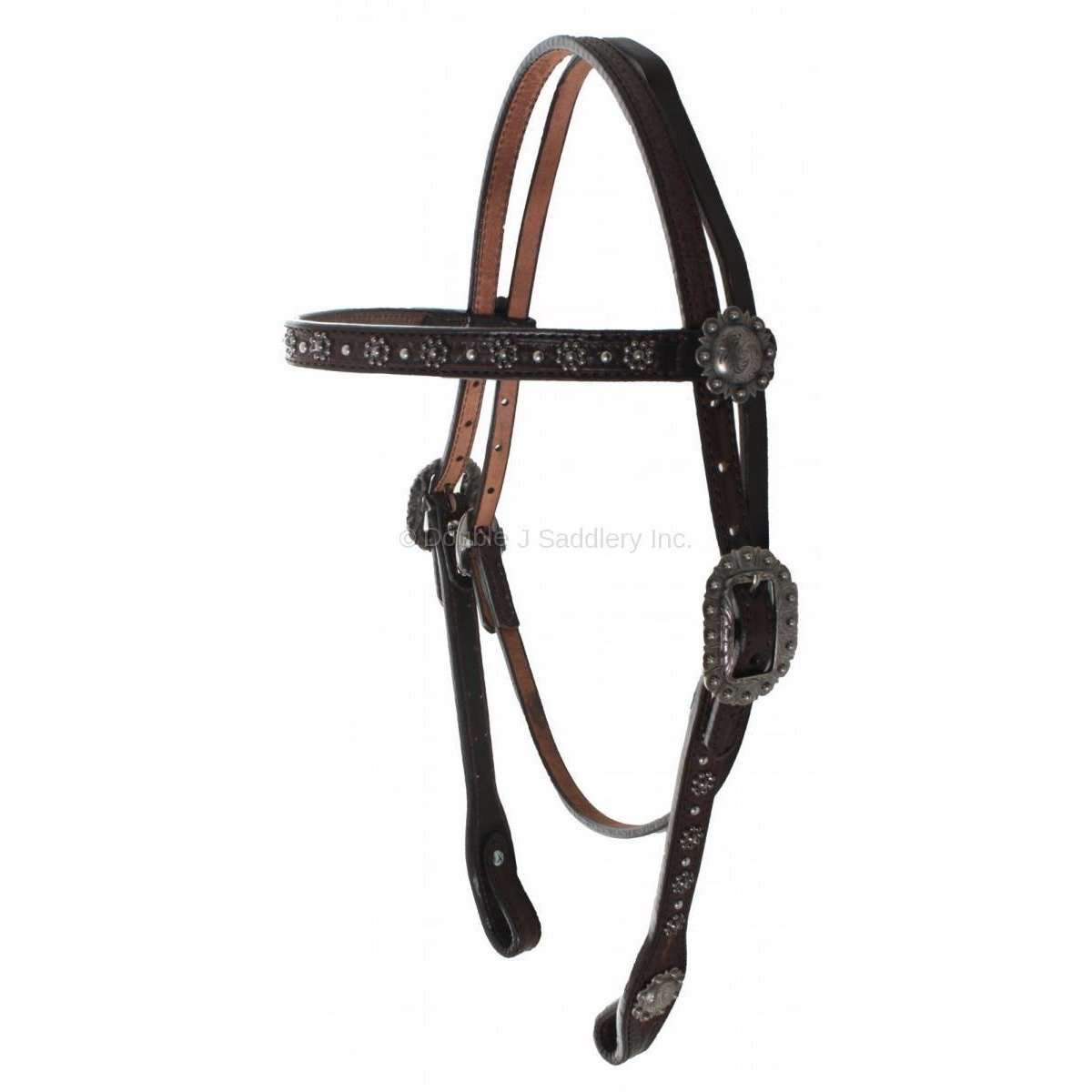 H606 - Brown Vintage Flower Stud Headstall - Double J Saddlery
