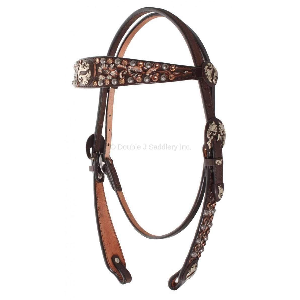 H620 - Brown Vintage Tooled Headstall - Double J Saddlery