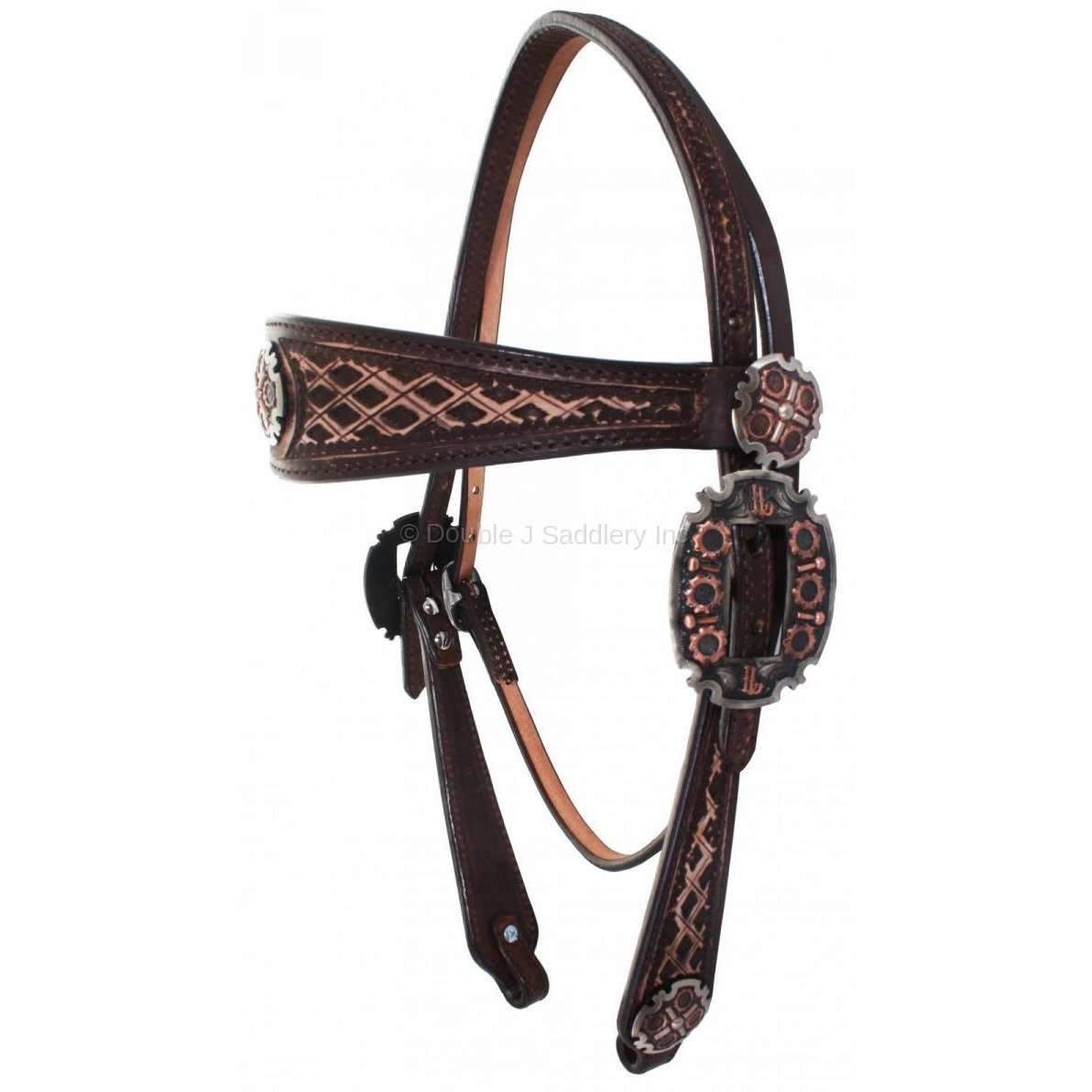 H704 - Brown Vintage Southwest Diamond Tooled Headstall - Double J Saddlery