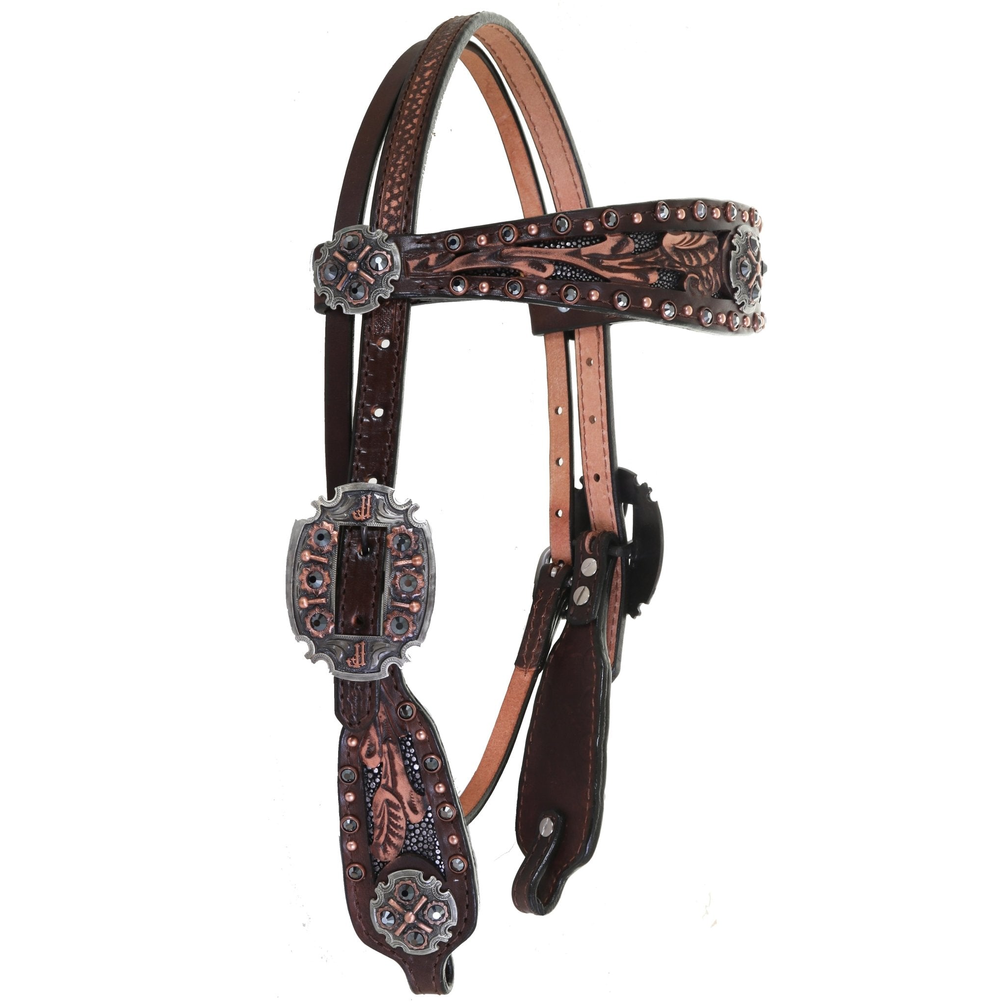 H742 - Brown Vintage Stingray Inlay Headstall - Double J Saddlery