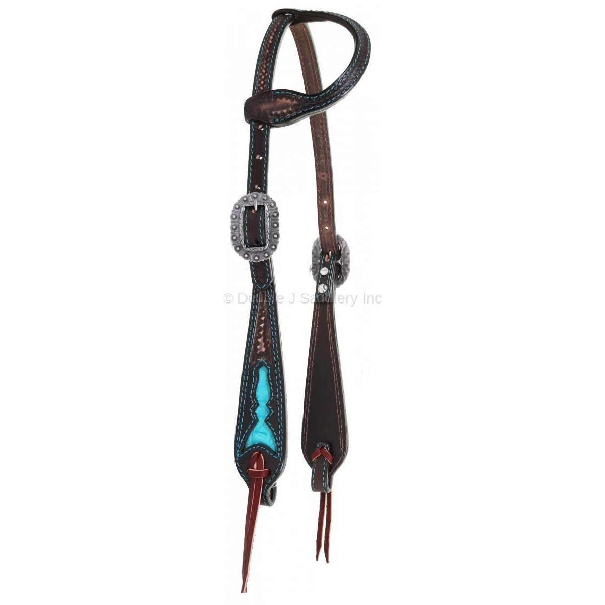 H960A - Brown Vintage Gator Inlay Single Ear Headstall - Double J Saddlery