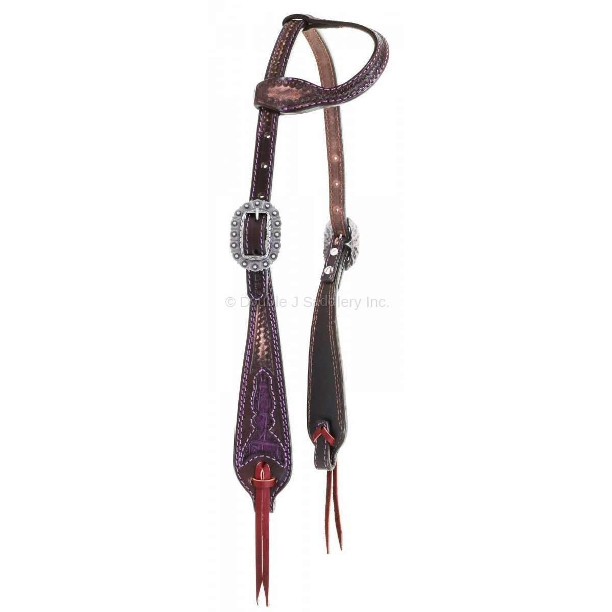 H960B - Brown Vintage Gator Inlay Single Ear Headstall - Double J Saddlery