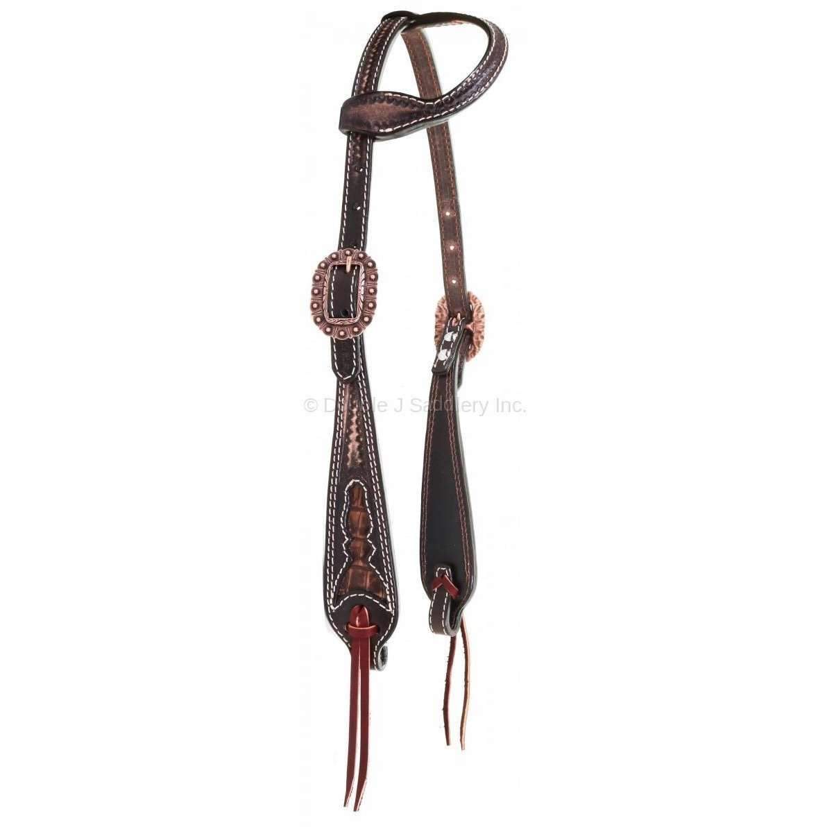 H960D - Brown Vintage Gator Inlay Single Ear Headstall - Double J Saddlery