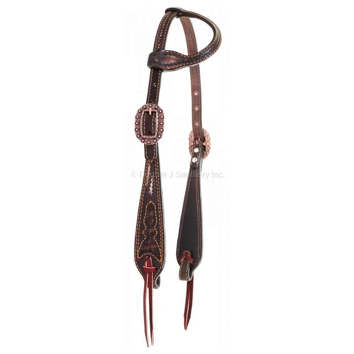 H960H - Brown Vintage Gator Inlay Single Ear Headstall - Double J Saddlery