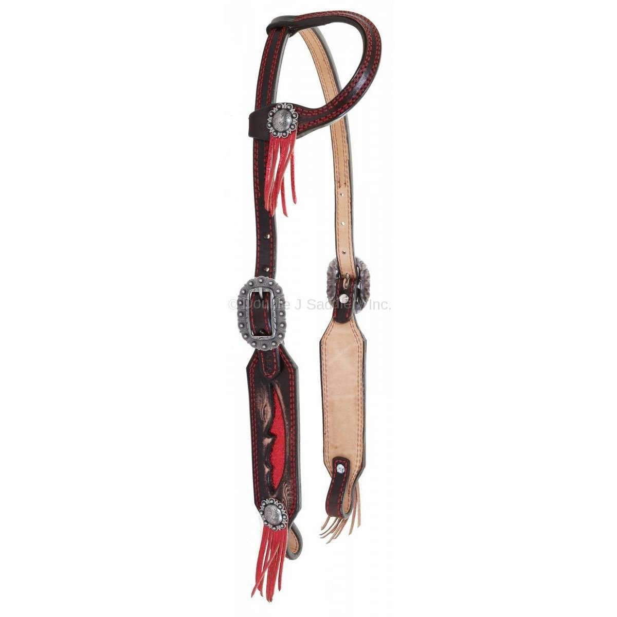 H969 - Brown Vintage Metallic Red Inlay Single Ear Headstall - Double J Saddlery