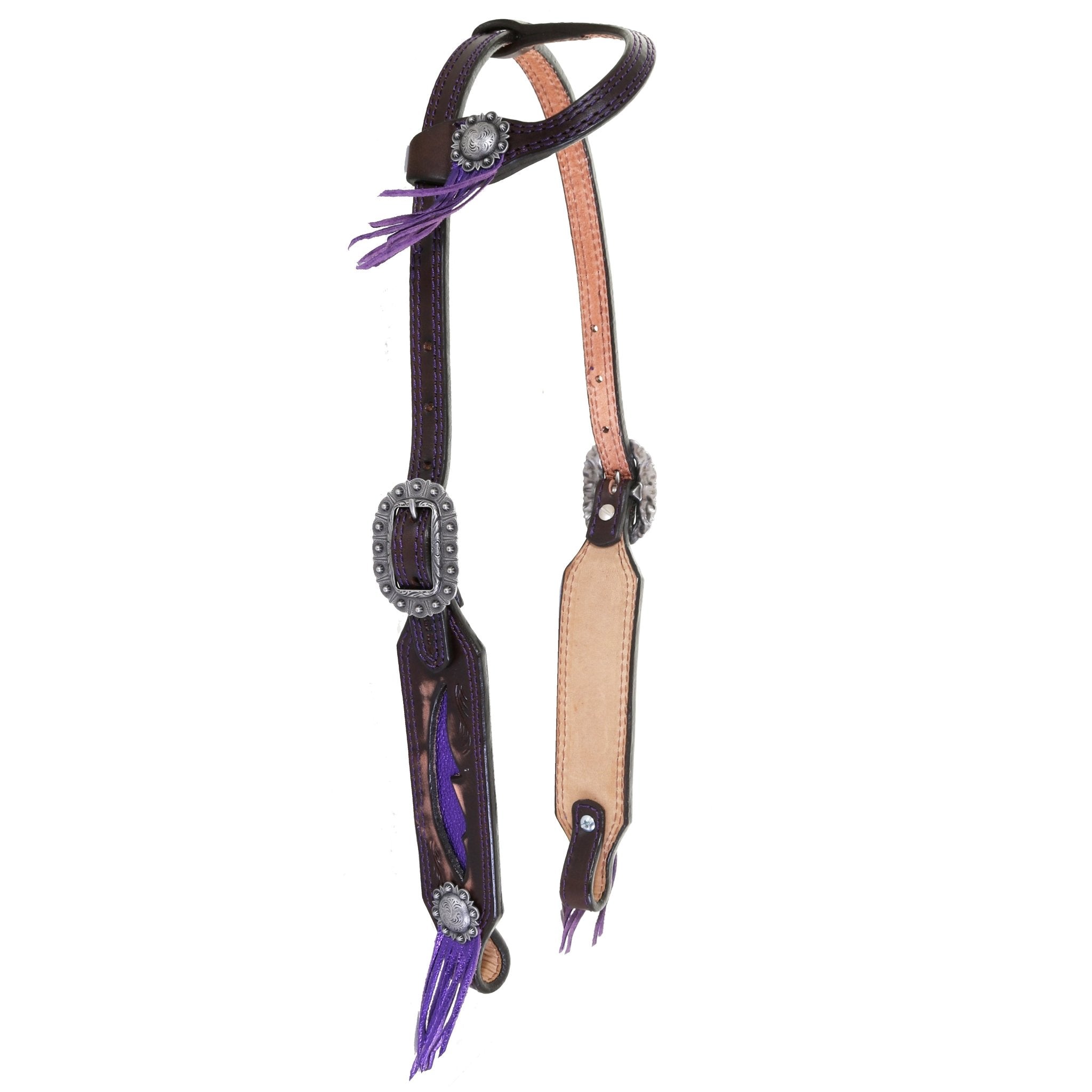 H969A - Brown Vintage Purple Fringe Single Ear Headstall - Double J Saddlery
